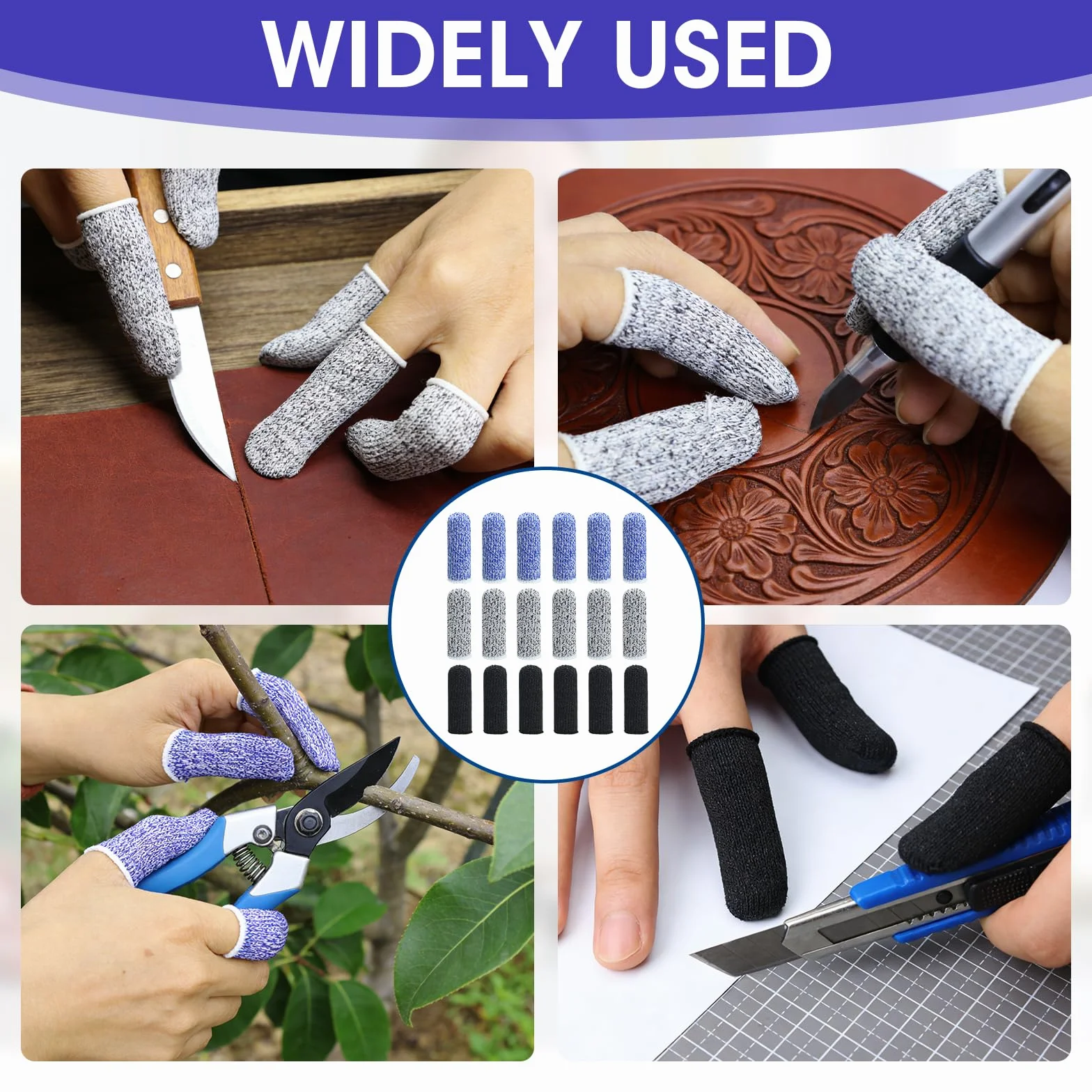 Protège-Doigts Anti-Coupure Réutilisable, 18 Pièces Doigtier Respirant Résistant Antidérapant pour Jardin Cuisine DIY (Noir, Bleu, Gris)