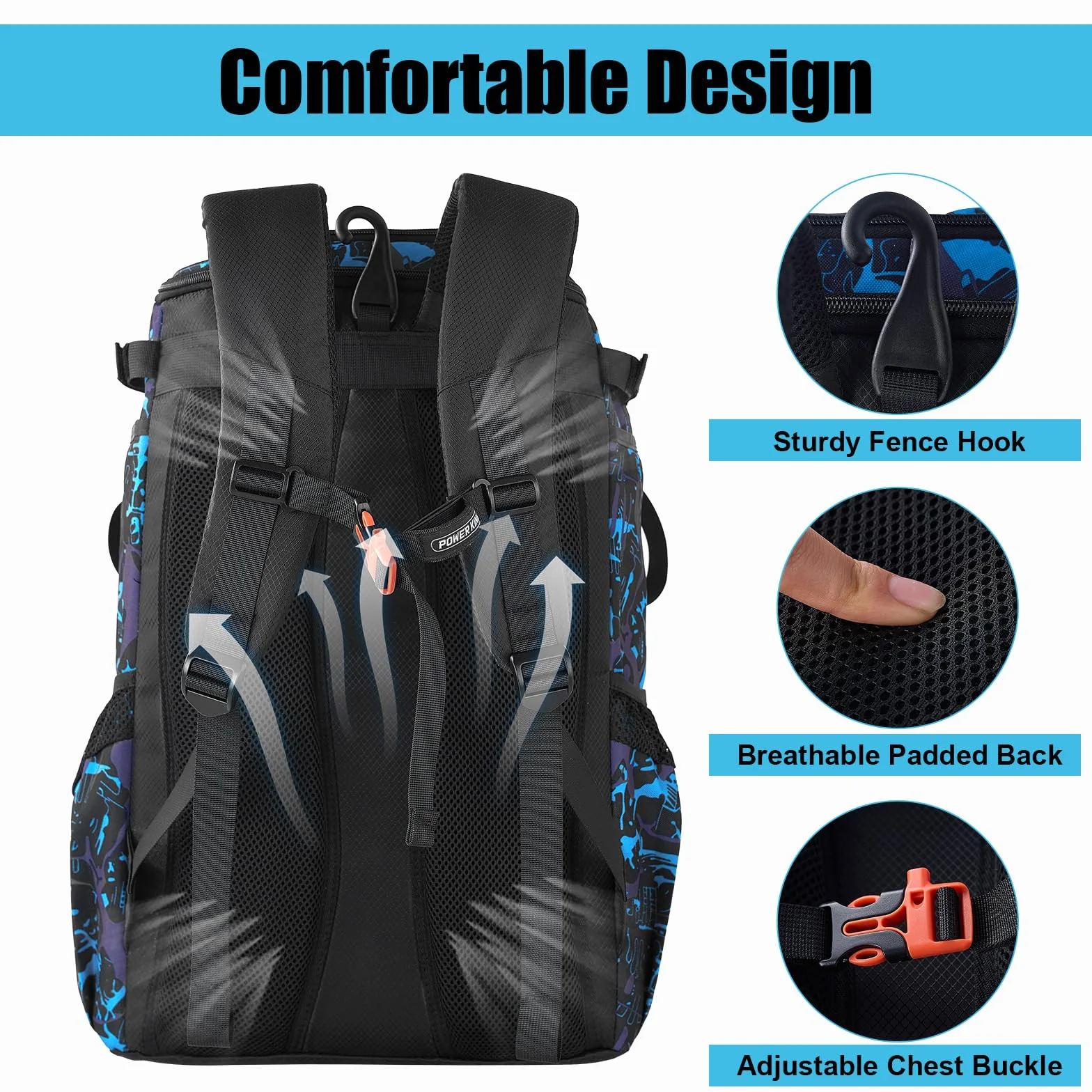 Power King 45L Youth Baseball Bat Bag Large Capacity Backpack with Shoe Compartment Fence Hook Helmet Holder