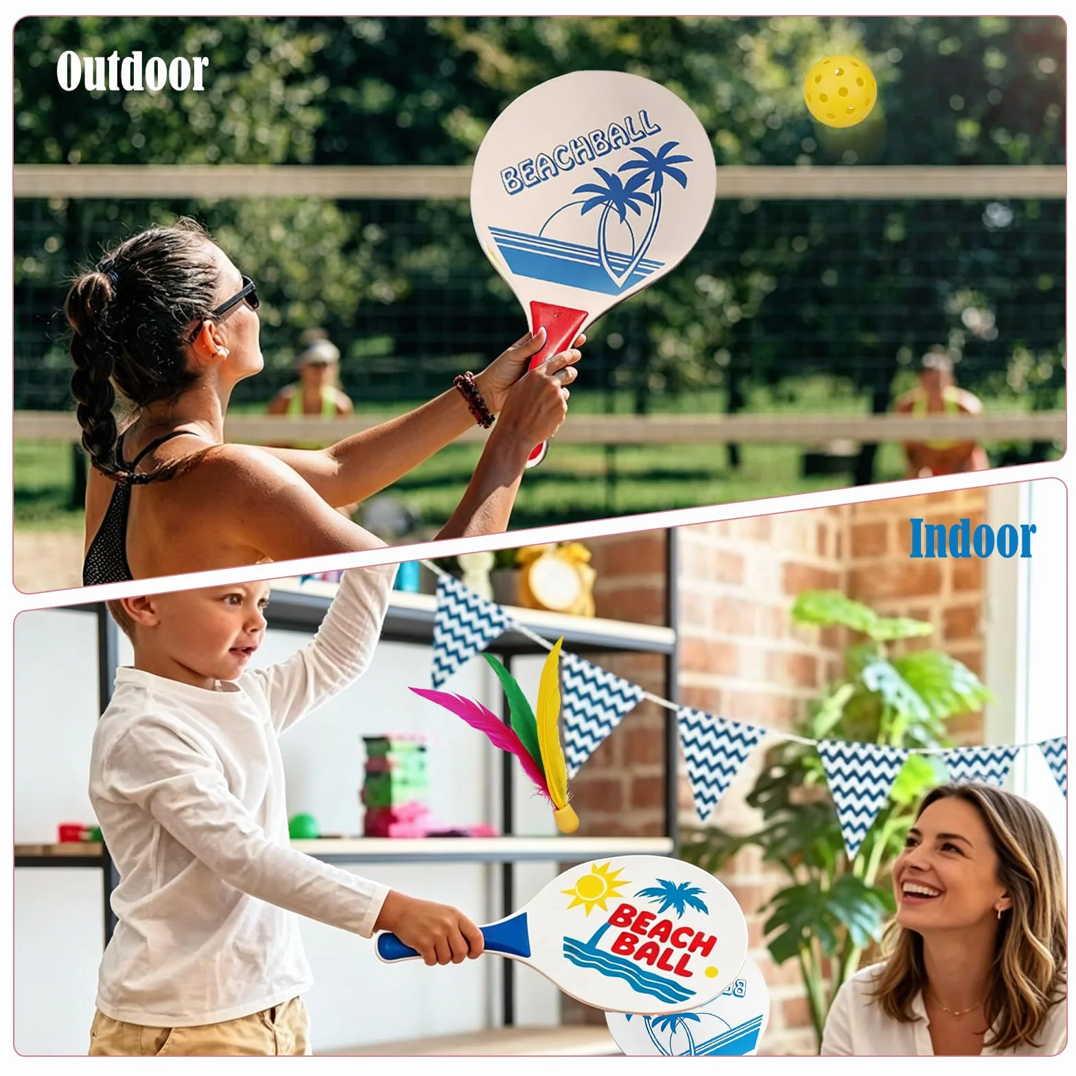 Set de Beachball Raquettes de Plage en Bois 2 Raquettes 2 Peak Ball 2 Volants