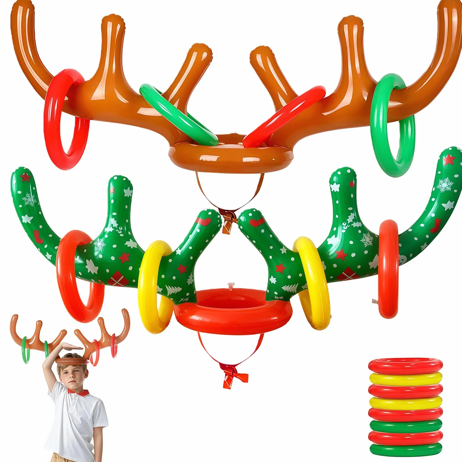 Jeu de Lancer d'Anneaux Gonflable Bandeau Bois de Renne 8 Anneaux Noel Intérieur Extérieur Marron Vert