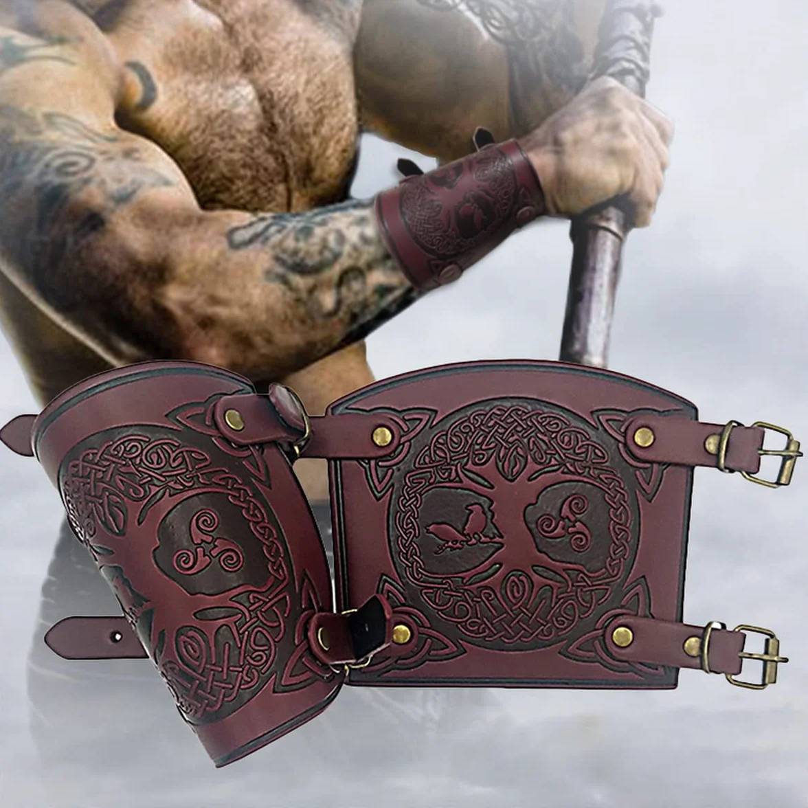 Brassards Viking en Cuir PU Gaufré Arbre du Monde, Garde-Poignet Médiéval Fait à la Main