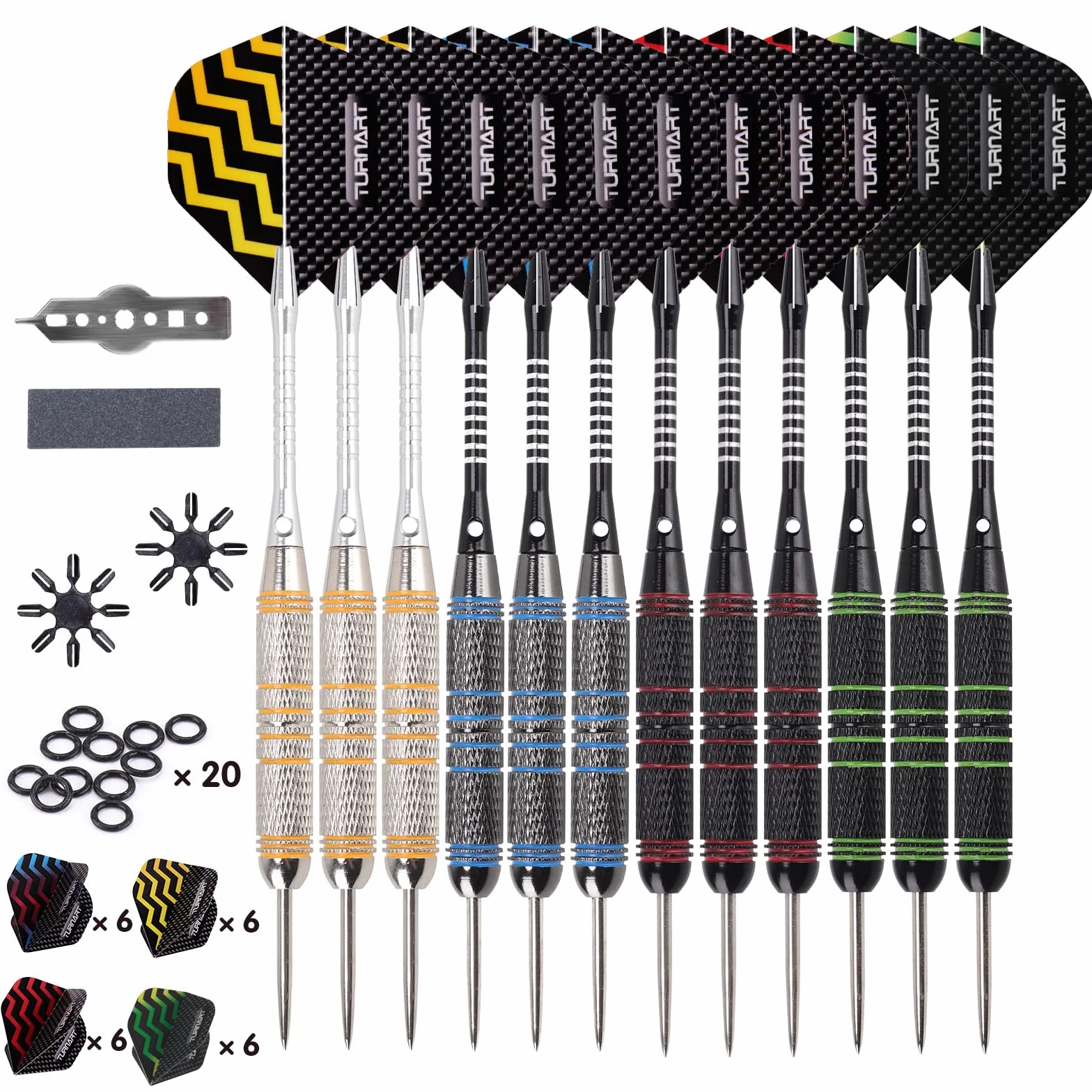 Turnart Fléchettes Pointe Acier 24g 12 pcs avec 20 Anneaux en Caoutchouc