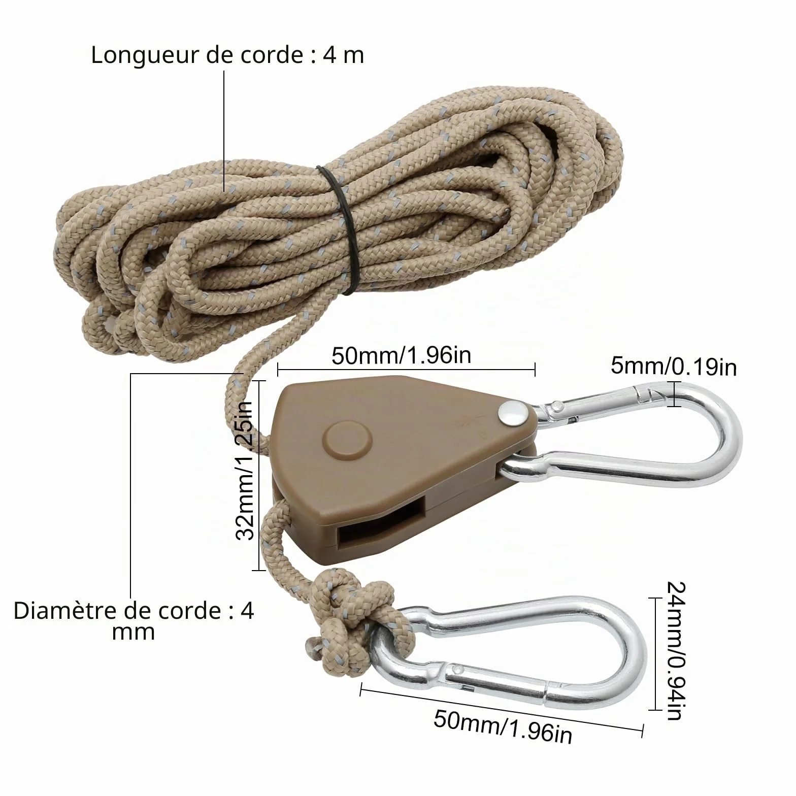 Corde à Cliquet Réglable 4M, Poulie à Cliquet Kaki 1/8, Tendeur avec Crochets pour Tente Randonnée