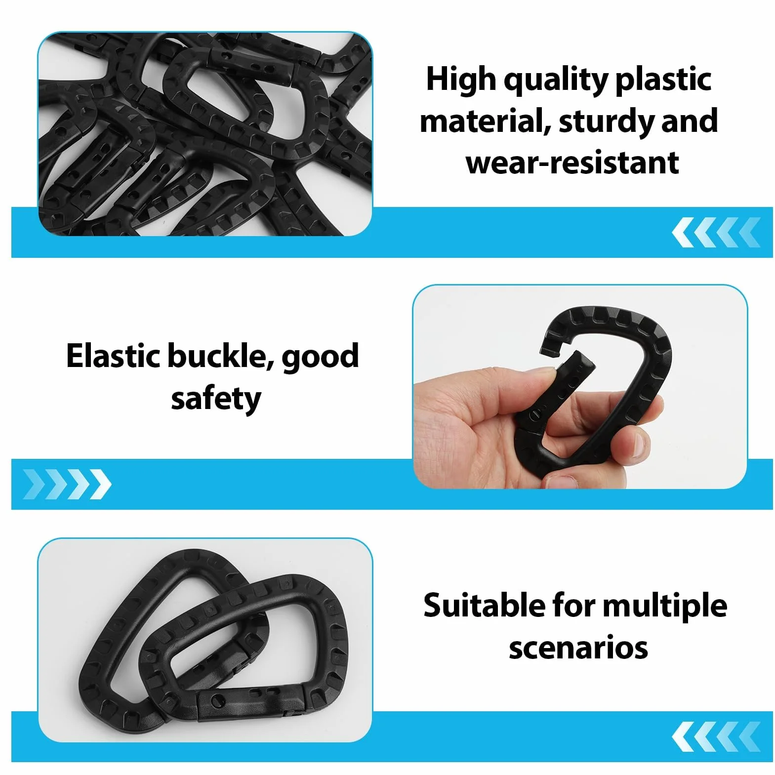 Mousquetons en Forme de D en Plastique Noir 8.3cm x 5.5cm pour Escalade Camping Randonnée