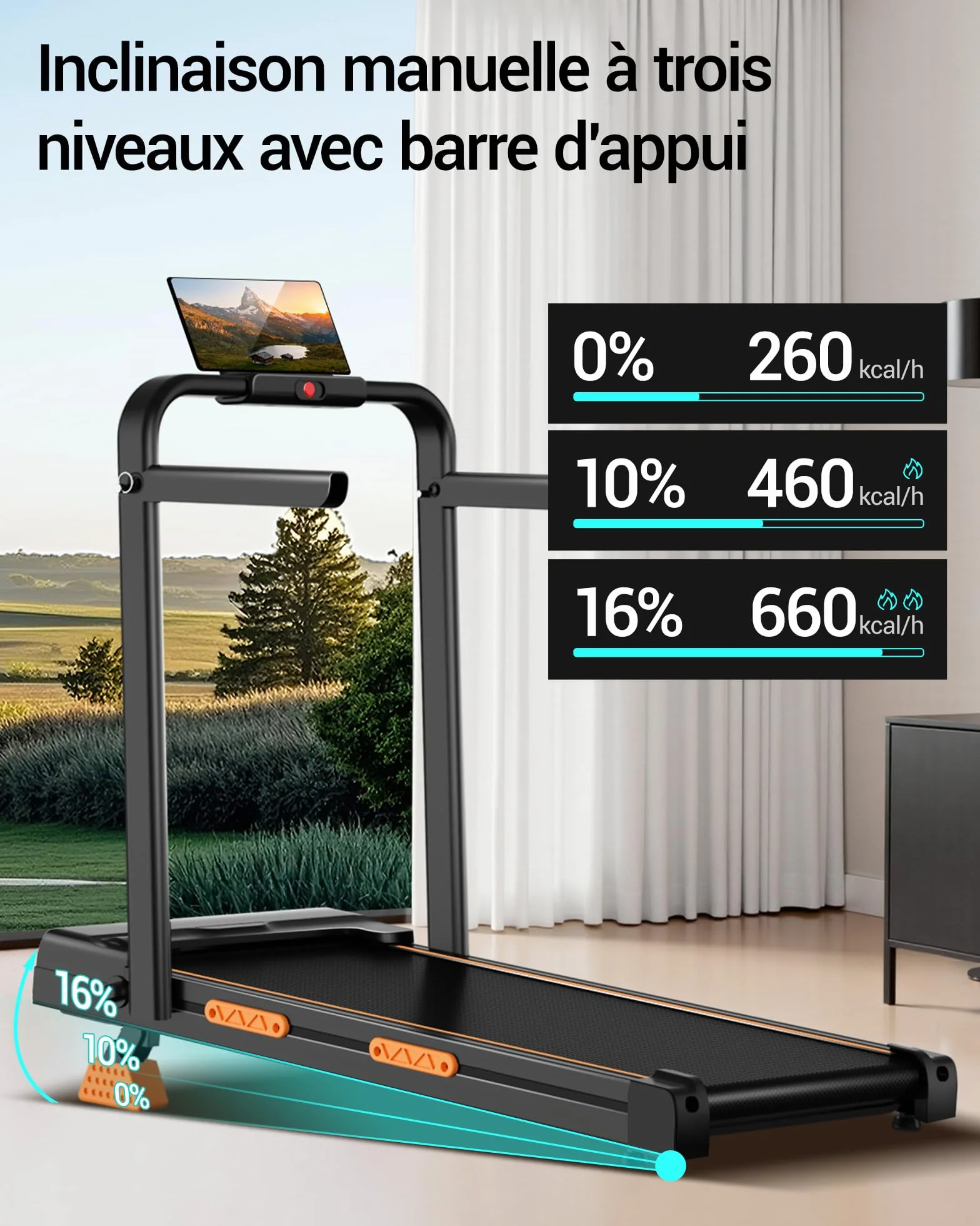 UMAY Tapis de Course Pliable Inclinable 16%, 10KM/H, Affichage LED, Télécommande, 3.0 CV, Max Charge 136KG