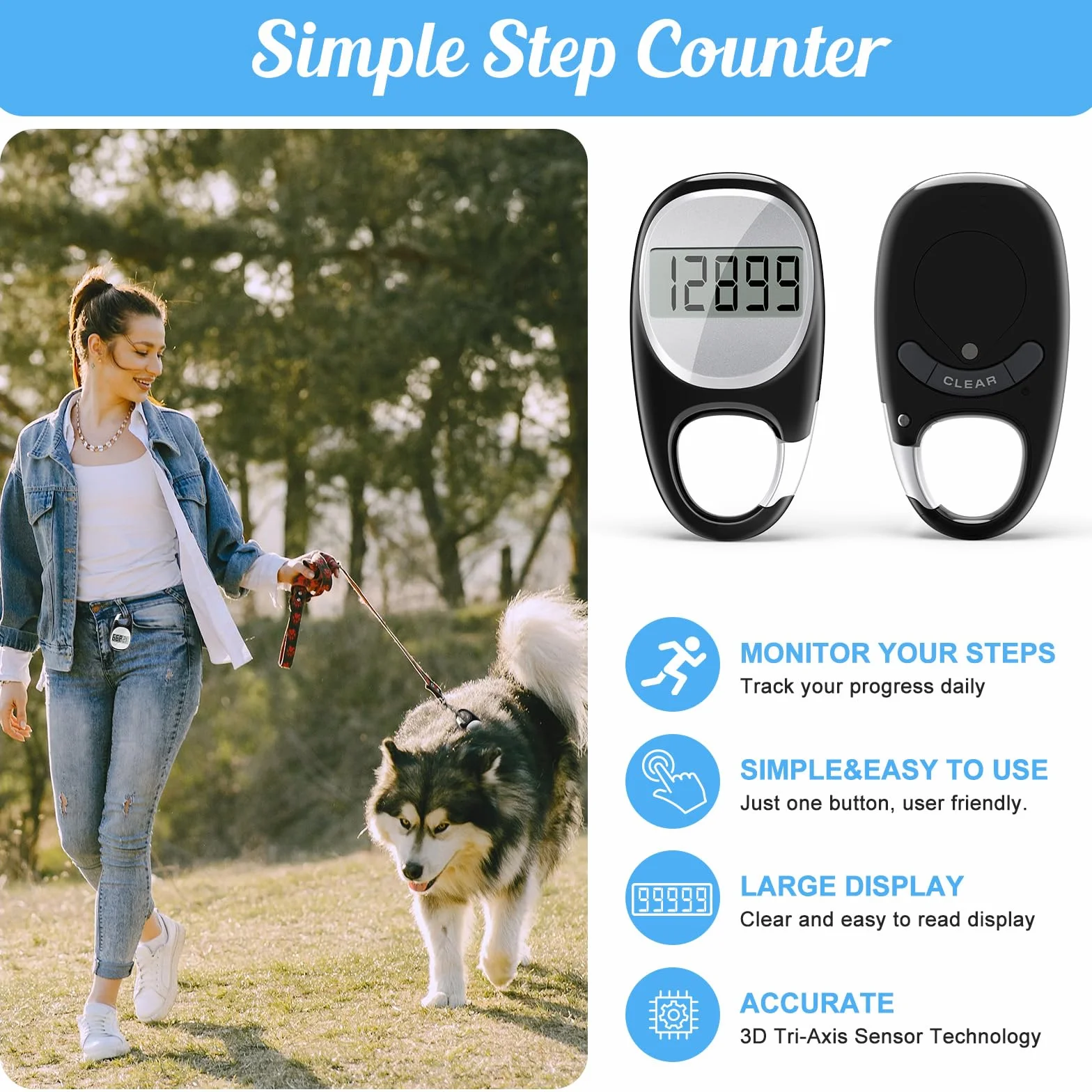Podomètre simple pour la marche, compteur de pas précis 3D avec mousqueton - Noir