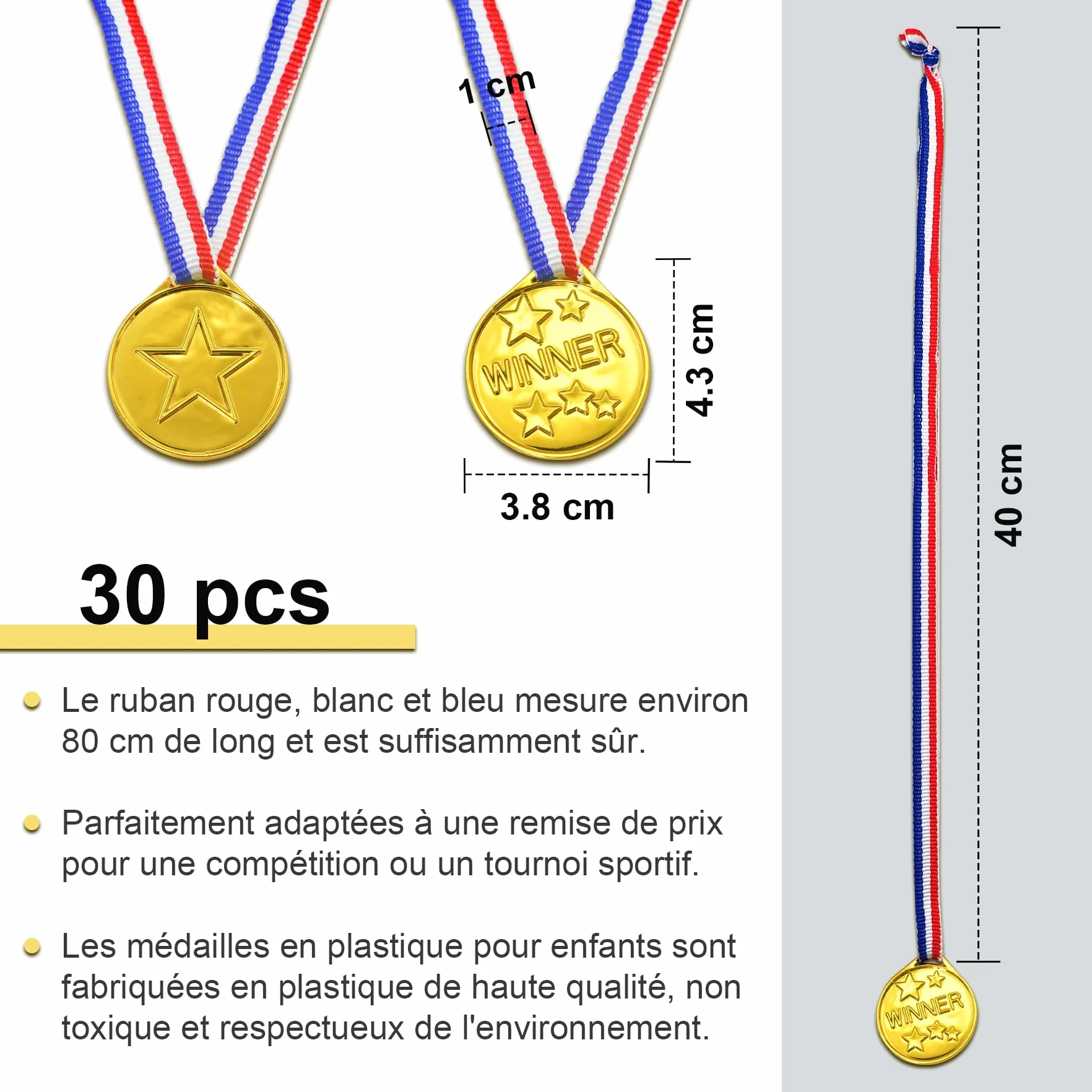 Brelet Medaille pour Enfant, 30 Pcs Médailles d'or Gagnant en Plastique avec Collier pour Compétition Sportive
