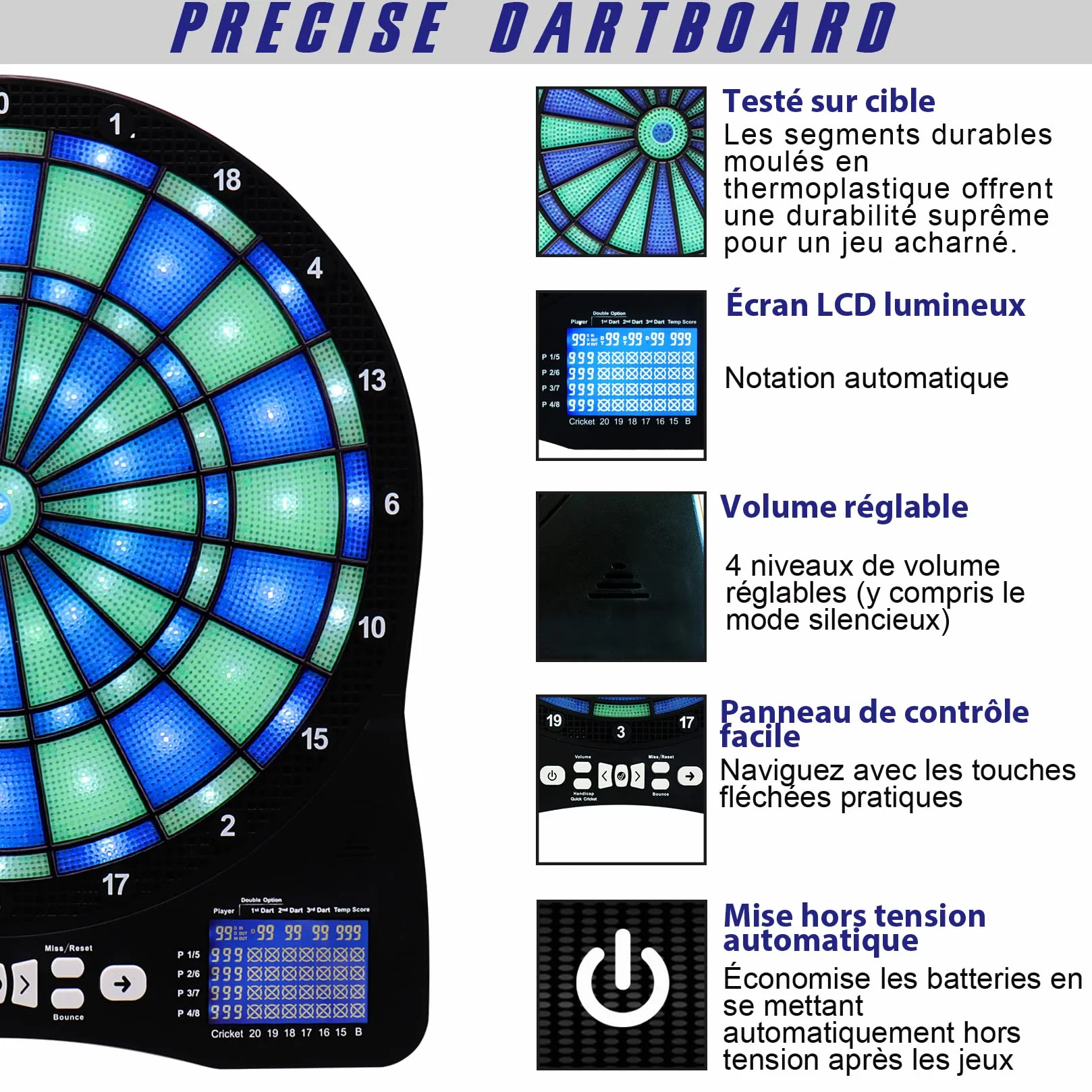 Turnart Jeu de Fléchette Électronique Lumineux Cible 6 Fléchettes Pointe Plastique 50 Pointes Souples 48 Jeux Principaux 500 Variations