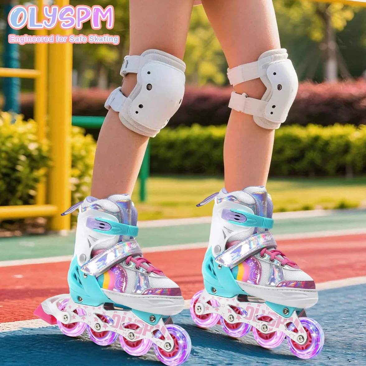 Patin à Roulettes Fille Roues Lumineuses Rollers en Ligne Tailles Ajustables Design Arc-en-Ciel Cadeau Anniversaire Noël Débutants