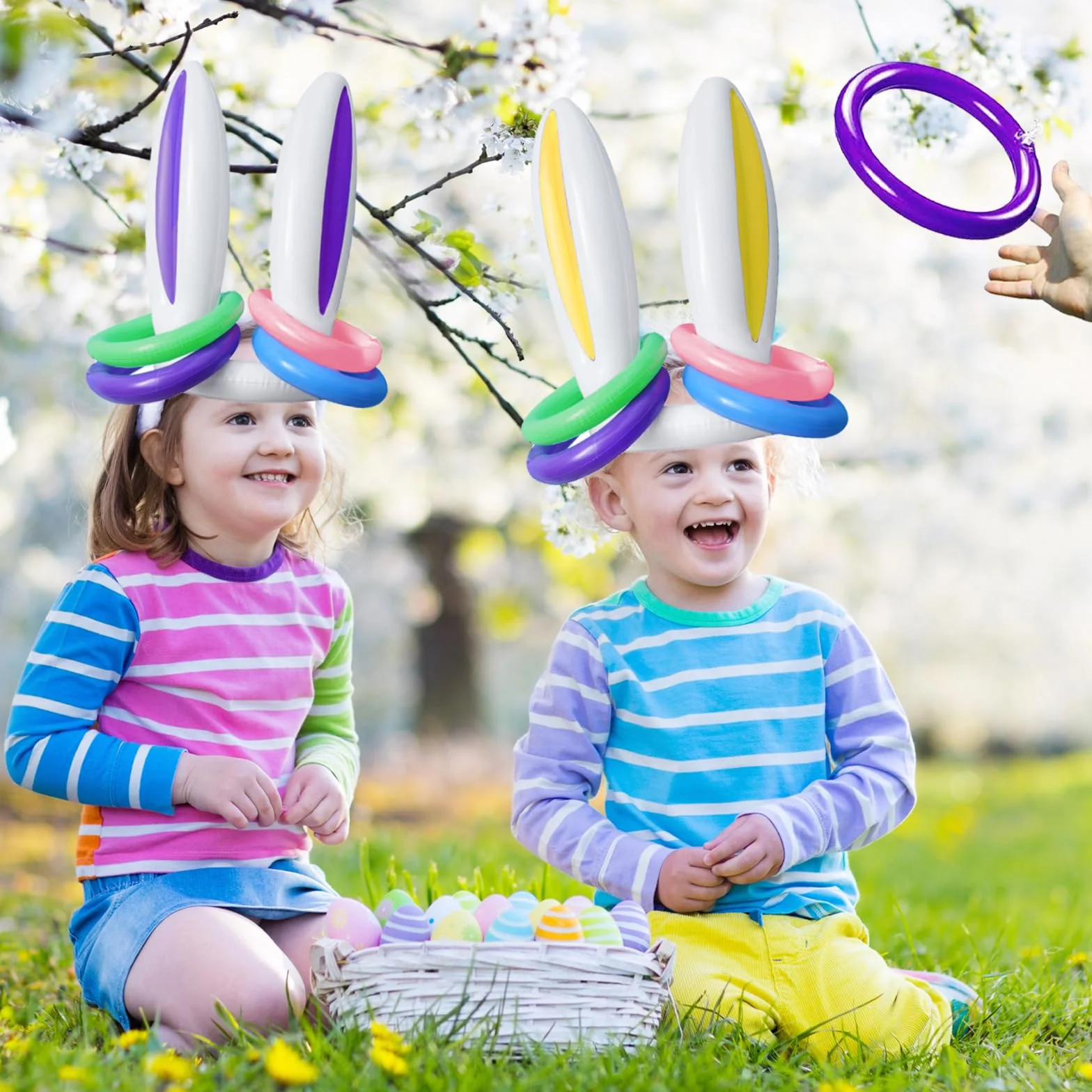 Jeu de Lancer d'Anneaux Gonflable Oreilles de Lapin avec Pompe, Jeu Extérieur Enfant Adulte Piscine Jardin Fête Pâques
