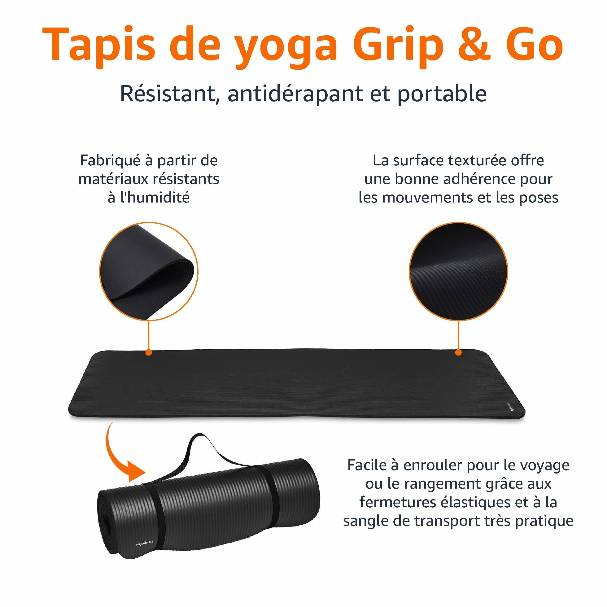 Amazon Basics Tapis de yoga antidérapant épais 183 x 61 x 1 cm Noir