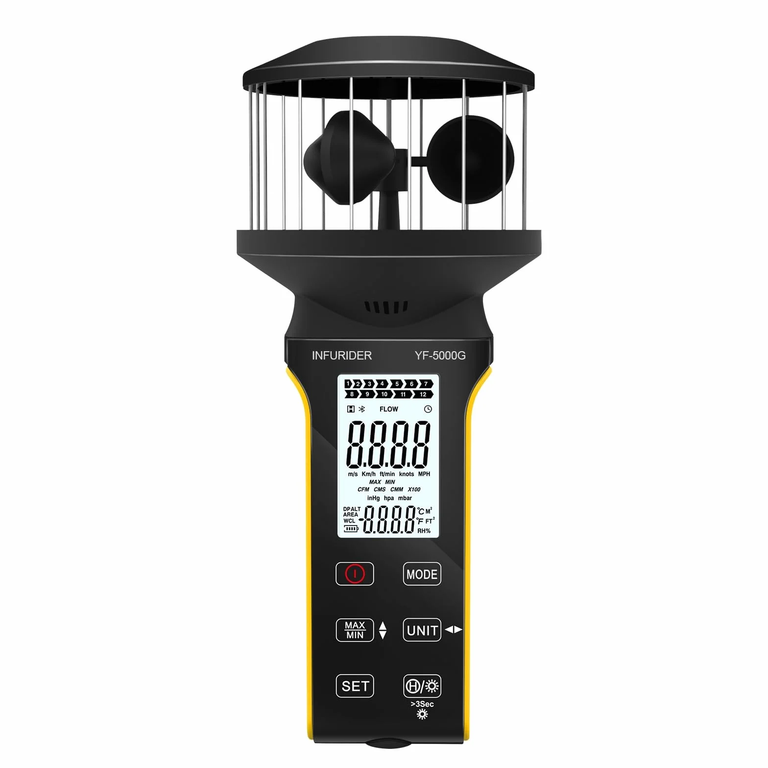Anémomètre numérique à coupelle portable CFM avec bouton tactile anti-poussière rechargeable