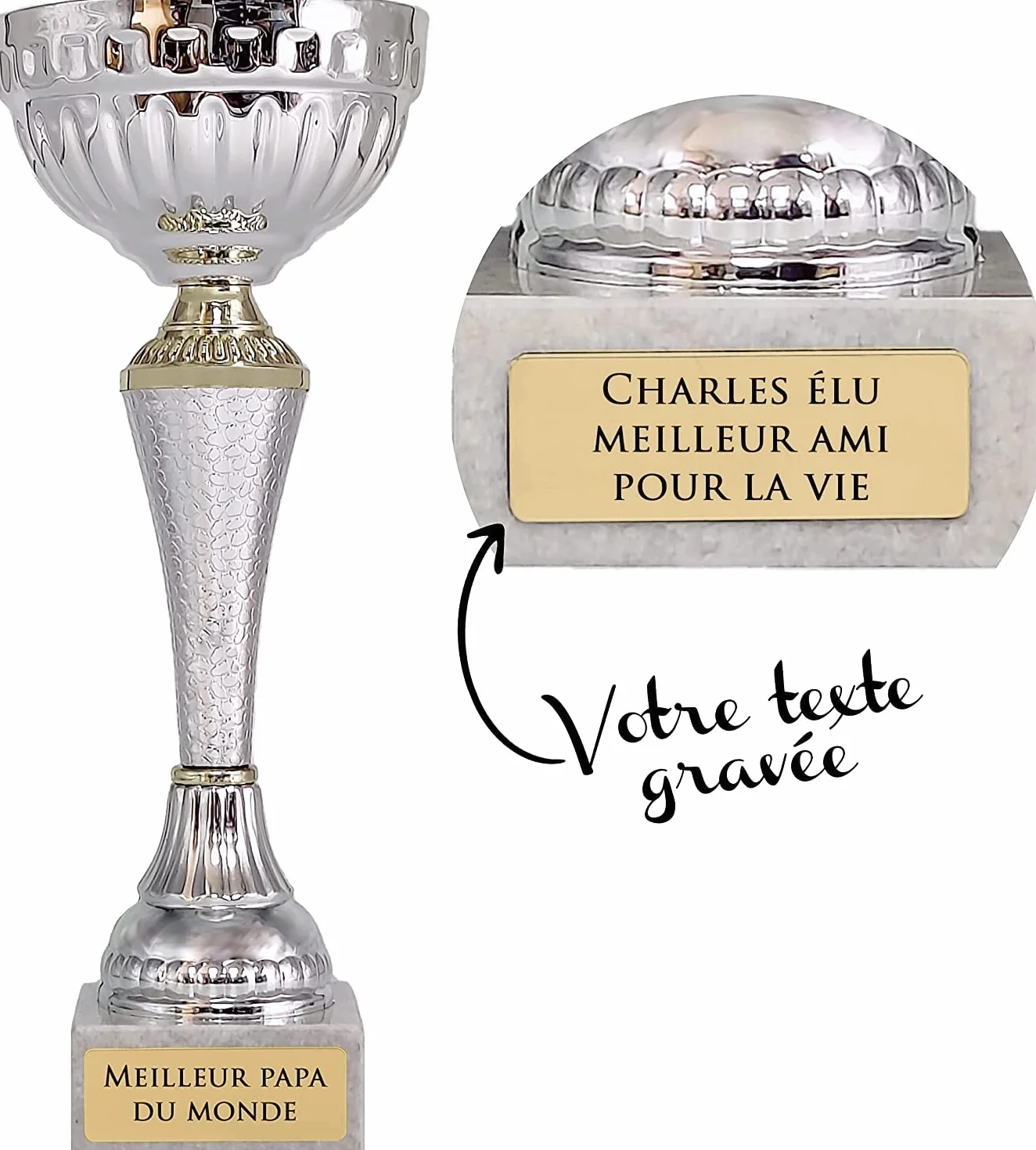 Trophée Personnalisable avec Gravure - Coupe Argentée et Dorée - Cadeau Fête des Pères, Noël, Retraite