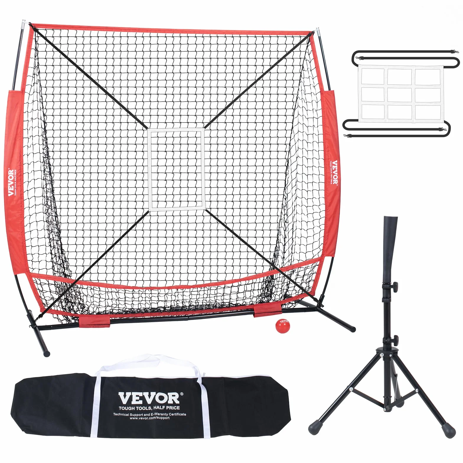 VEVOR Filet d'entraînement Baseball 153.4 x 90 x 153 cm, Filet Pratique du Lancer Baseball & Softball en Polyester, avec Sac de Transport 600D, Rouge