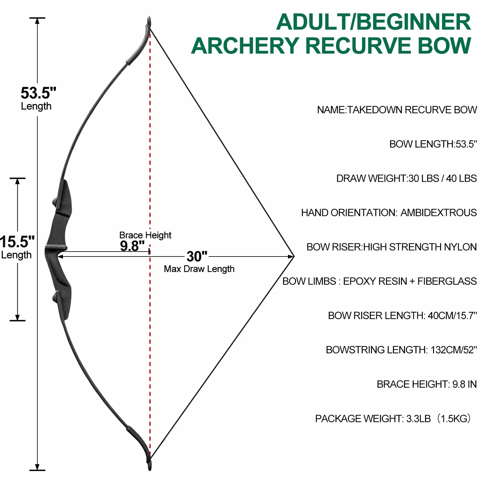 Tir à l'arc Takedown Arc Classique pour Adulte Débutant Droitier Long Arc Kit Plein air