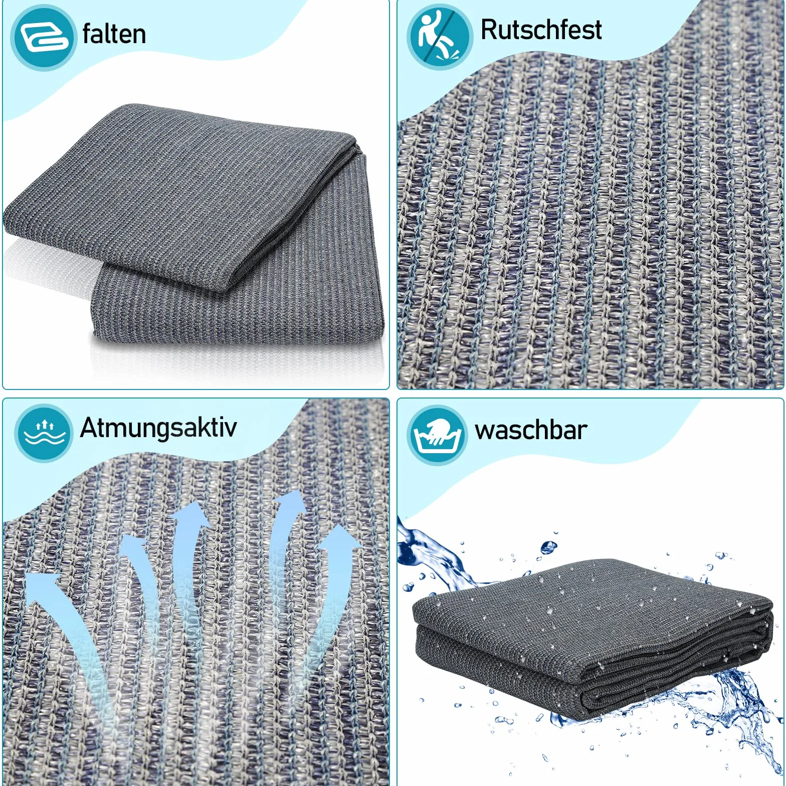 Sonnewelt Tapis de sol auvent polyéthylène haute densité 13 sardines sac transport lavable gris bleu