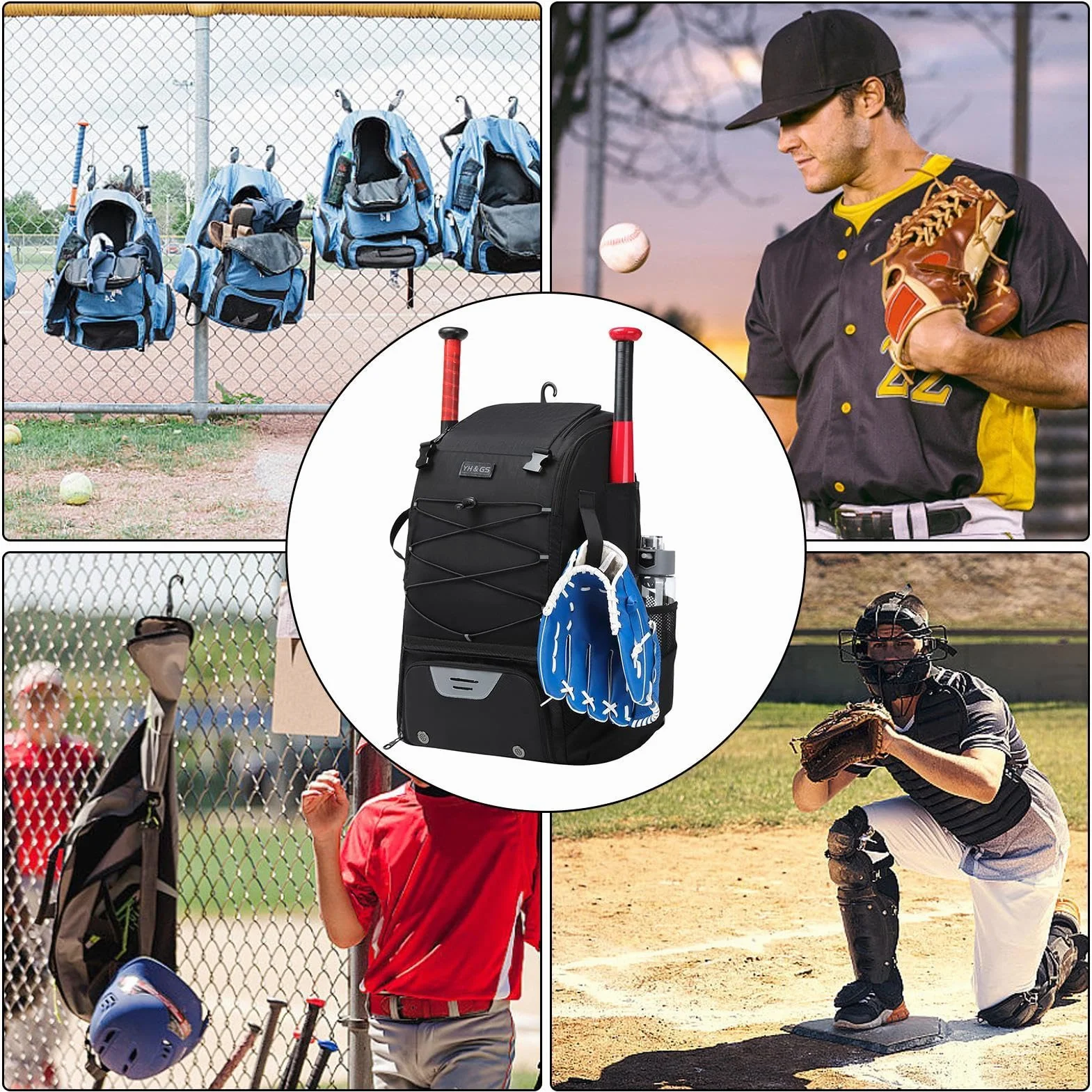 Sacs polyvalents d'équipement de baseball avec crochet de clôture pour casque et batte