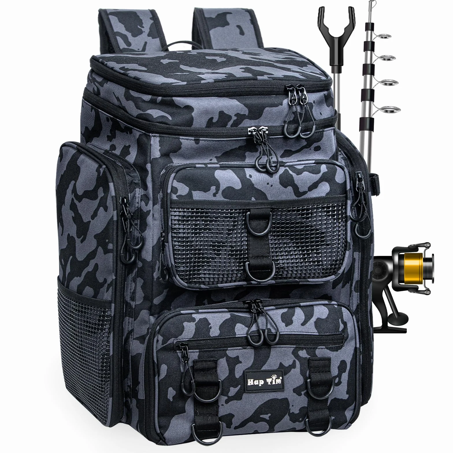 Hap Tim 42L Sac à Dos de Pêche avec 2 Barres, Sac de Pêche Multi-Poches, Séparateur Amovible