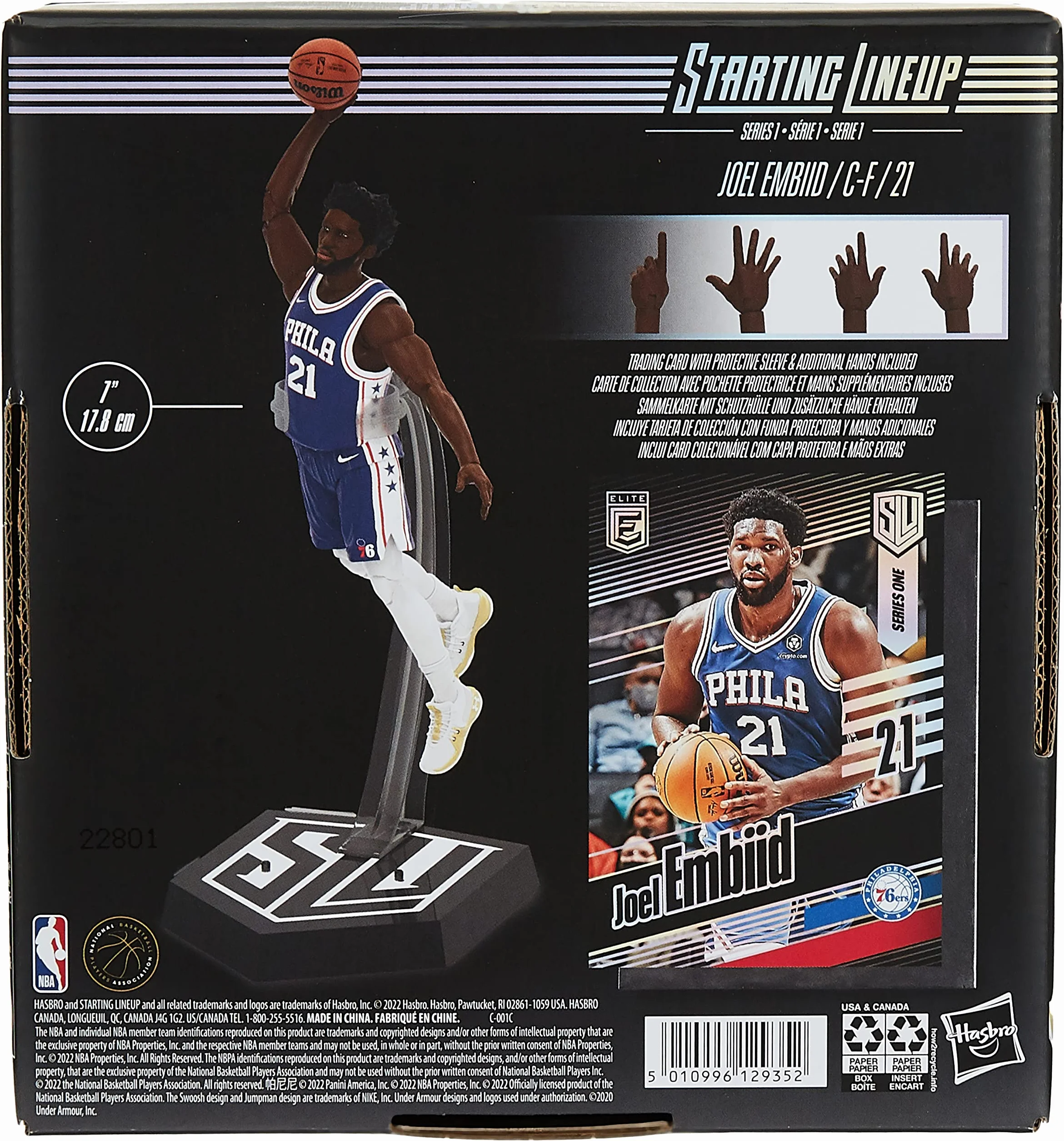 Hasbro Starting Lineup NBA Series 1 Joel Embiid Figurine d'action 15 cm Carte à Collectionner Panini Sports Exclusive Basketball