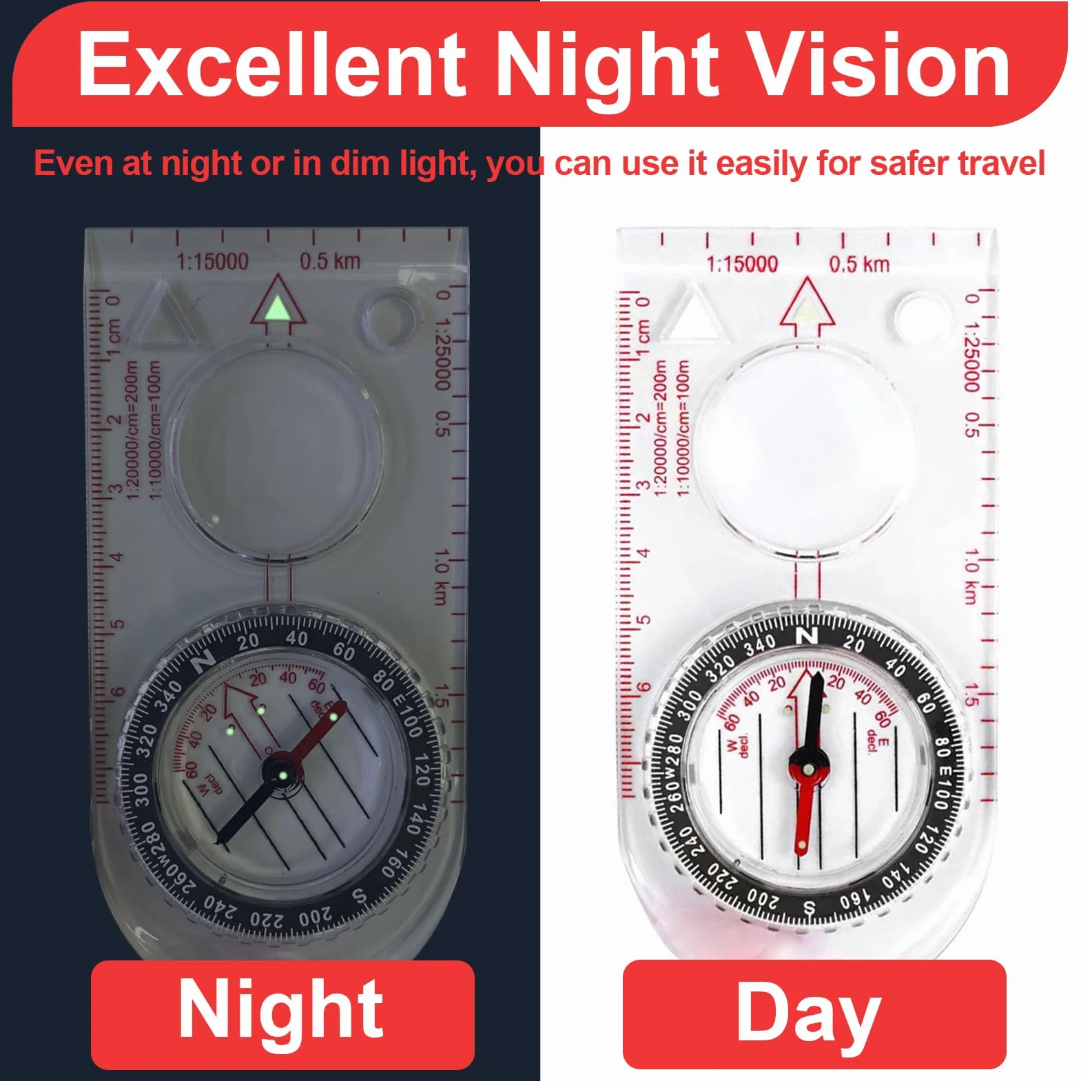 Boussole de Navigation avec Déclinaison Réglable, Corde Rouge Transparente pour Randonnée Camping Sport Plein Air