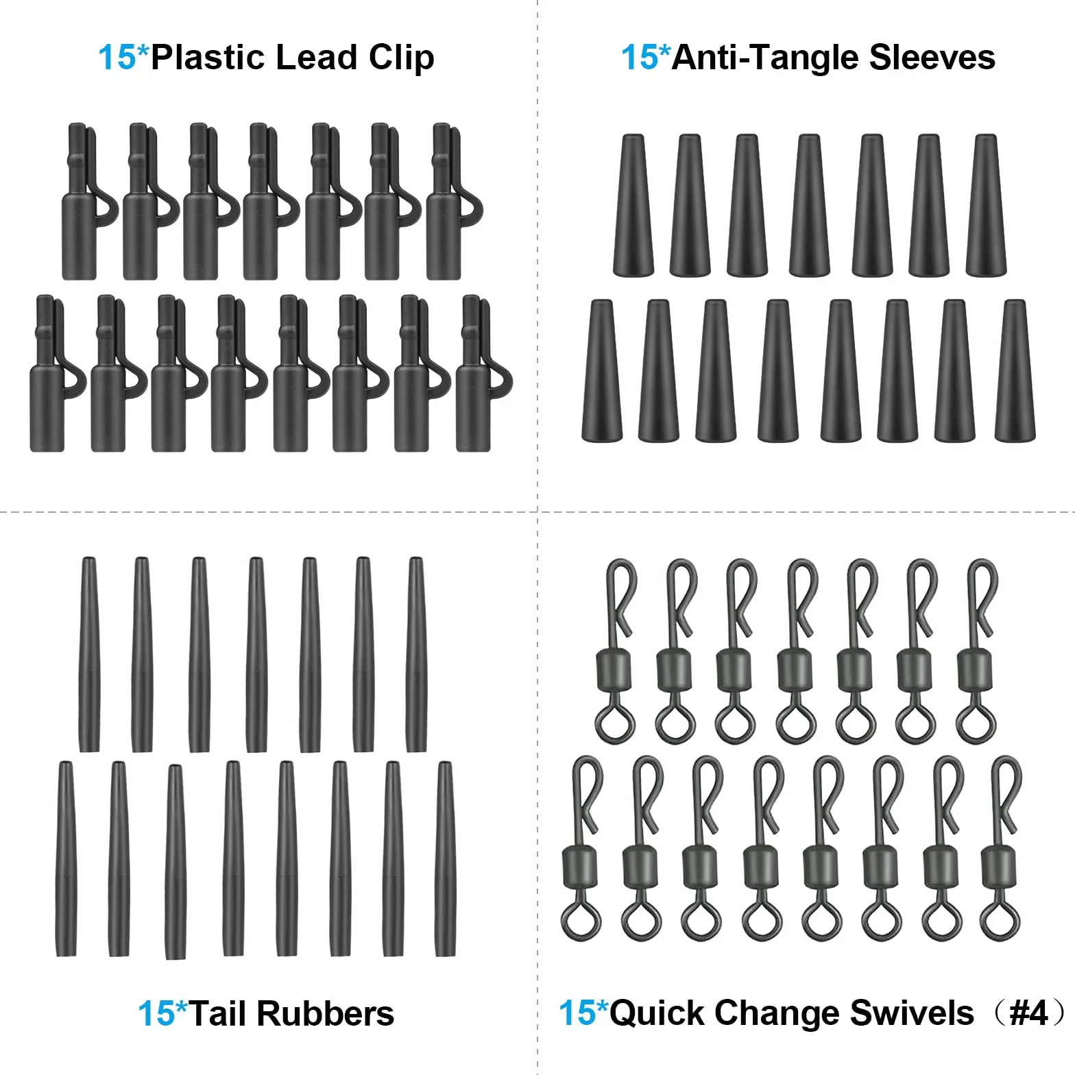 Realure 60 Pcs Clip Plomb Carpe, Anti-enchevêtrement avec Manchons Caoutchouc et émerillons Rapide (Noir)
