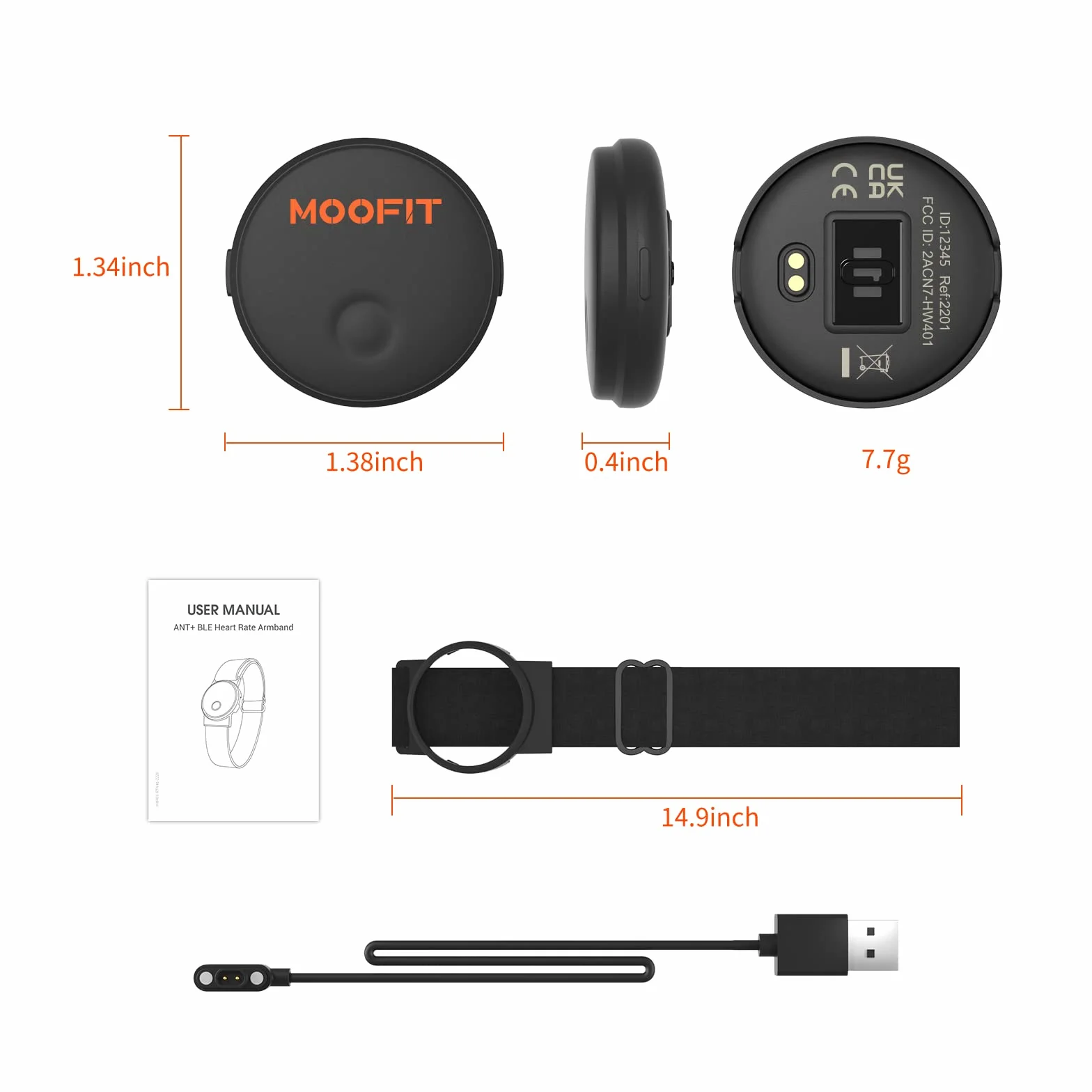 Moofit HW401 Cardiofrequencemetre Brassard Rechargeable Bluetooth Ant+ IP67 Étanche