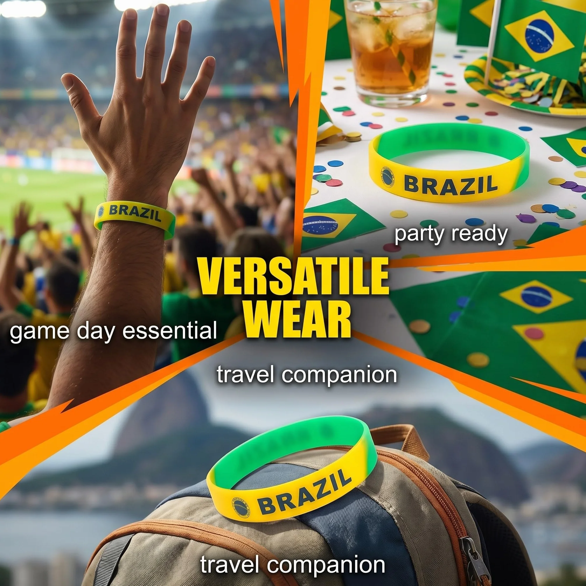 Lot de 6 Bracelets Silicone Drapeau Brésil Accessoires Supporters Football Fan Sportifestif Anti-Transpiration Résistant