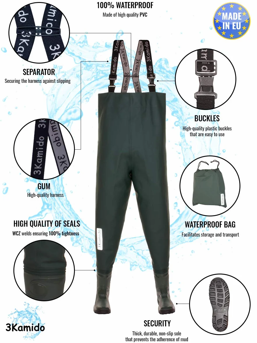 Jeunesse Cuissardes de pêche Waders Junior Noir Vert 36-39 EU Bretelles durables Bottes Poitrine échassiers Semelle Solide Sac Transport