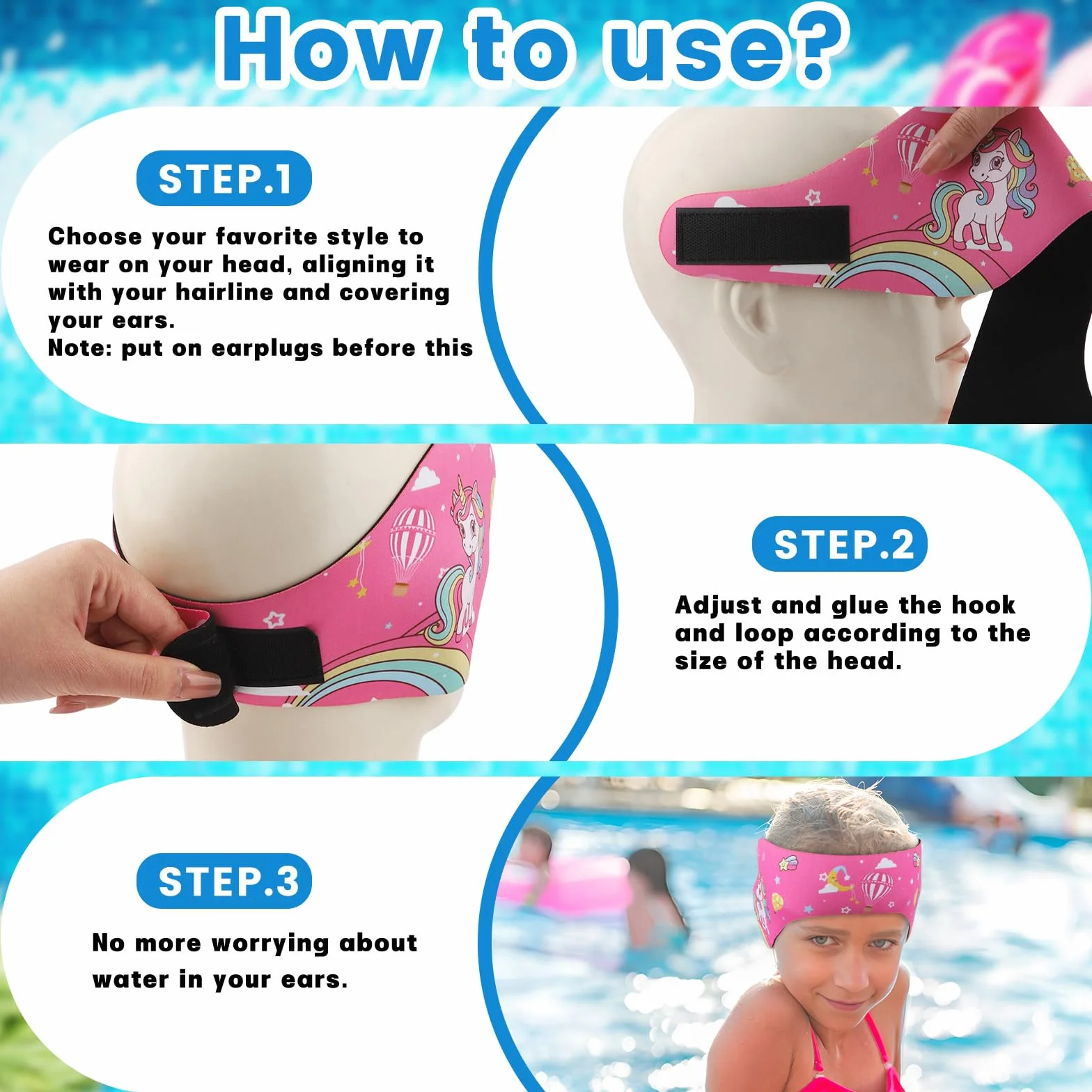 Bandeau de Natation Enfant Élastique avec Bouchons d'Oreille Protection Rose Bonbon L