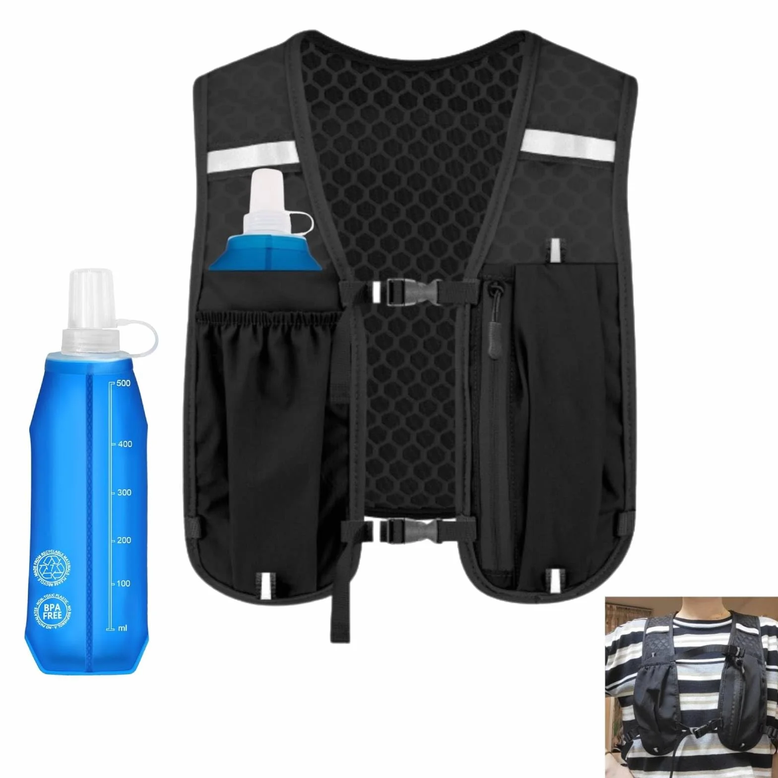 Gilet de course homme femme hydratation 500ml réfléchissant support téléphone portable randonnée cyclisme