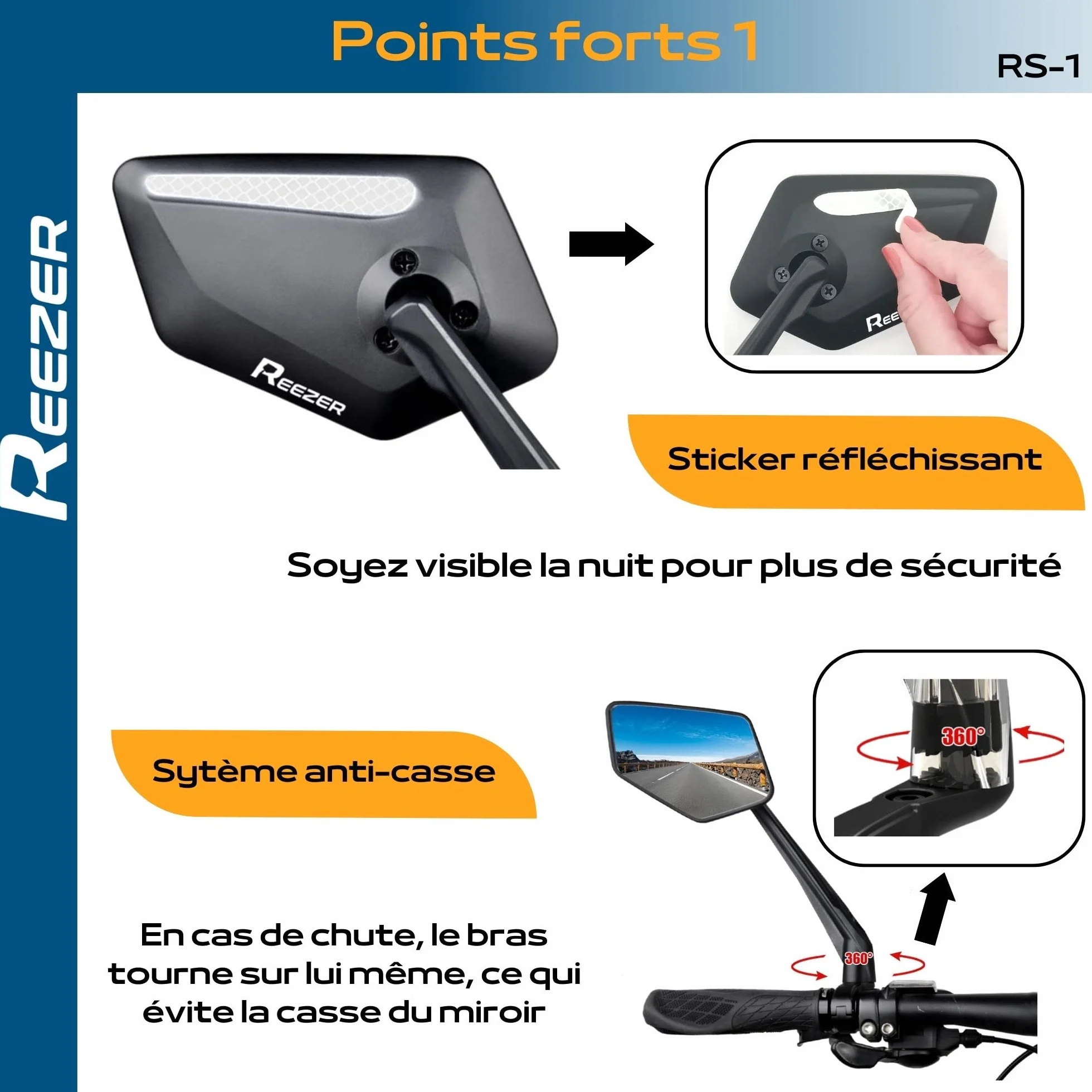 REEZER RS1 Rétroviseur Vélo Trottinette Électrique Réglable 360° Droit 22-25,4mm