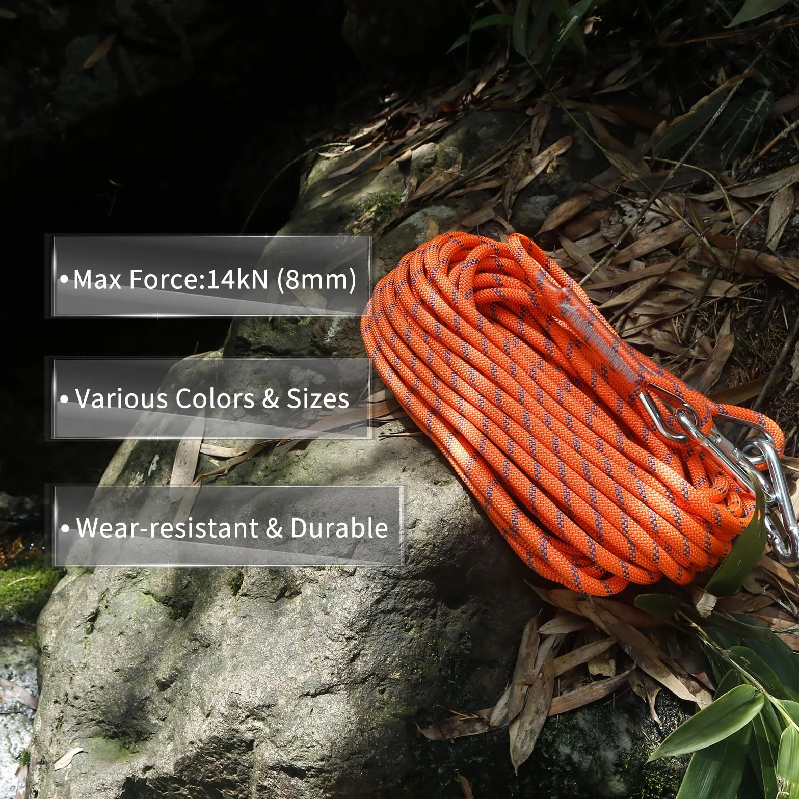 NewDoar 14KN Corde d'escalade Statique 8mm Cordon Accessoire 10m 20m 30m 50m avec 2 Mousquetons Orange