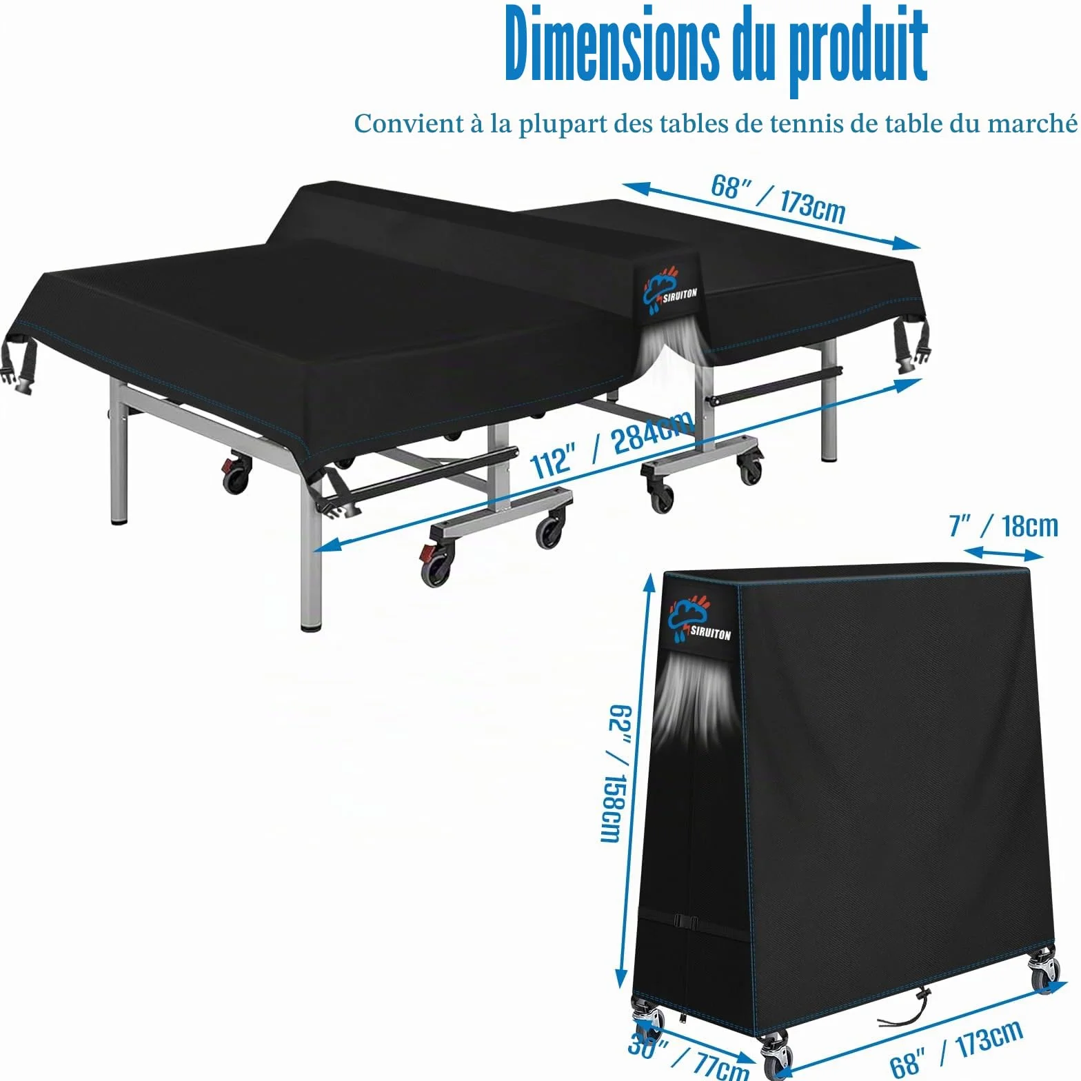 SIRUITON Housse de table de tennis de table 500D imperméable 173x77x158cm