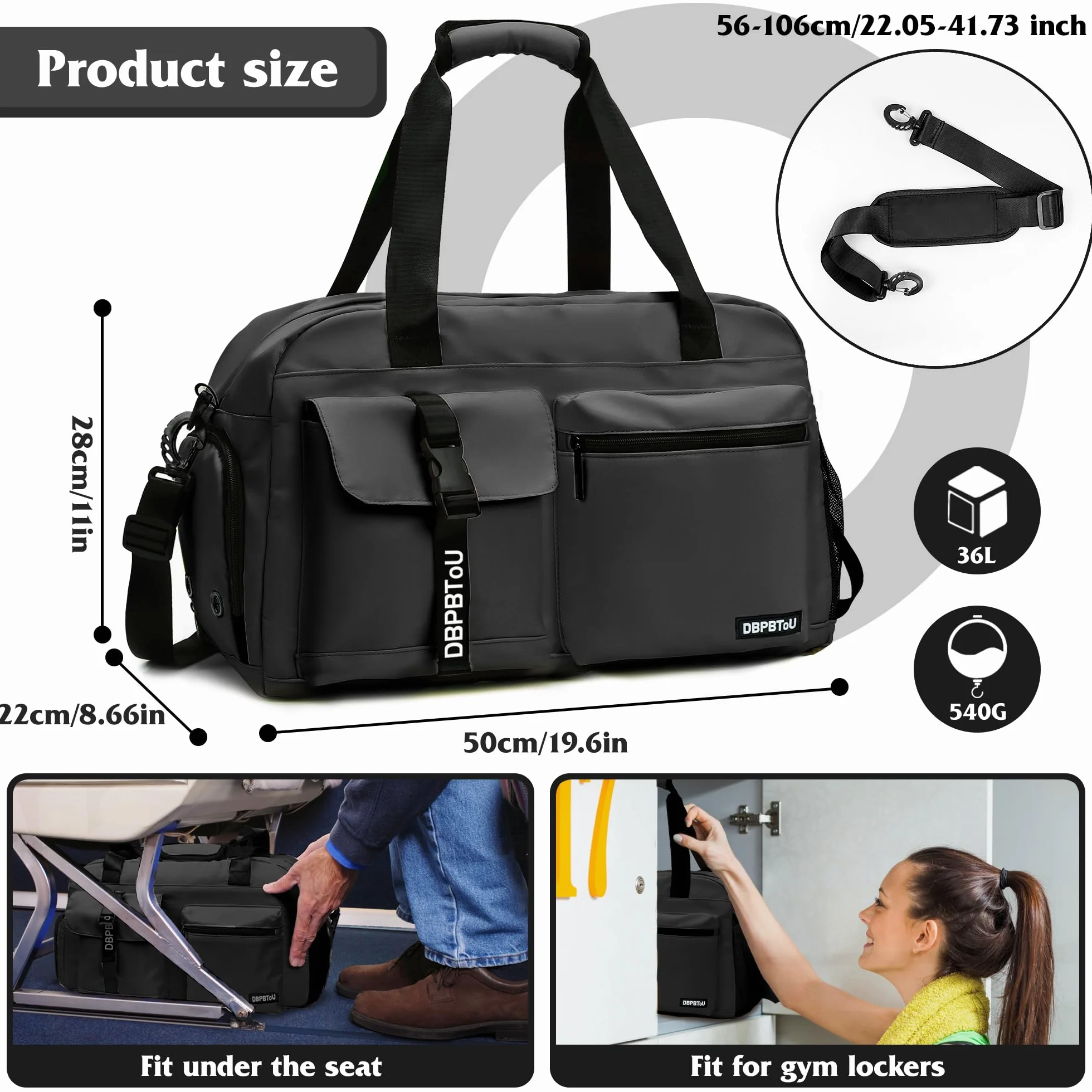 Sac de Sport Femme Homme avec Compartiment à Chaussures, Sac de Voyage Imperméable Noir