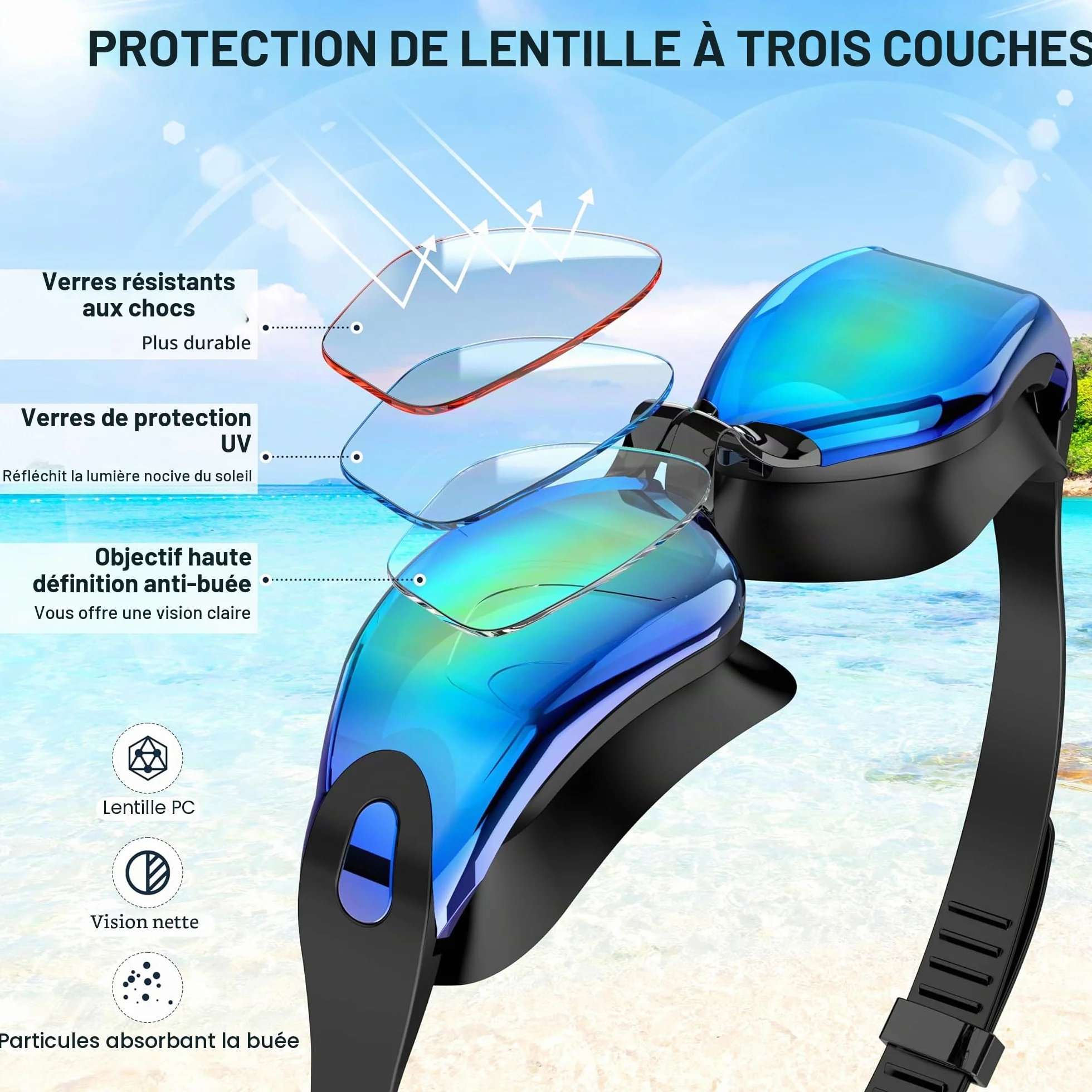 Lunettes de Natation Anti-buée Protection UV Silicone Ajustement Rapide Adulte