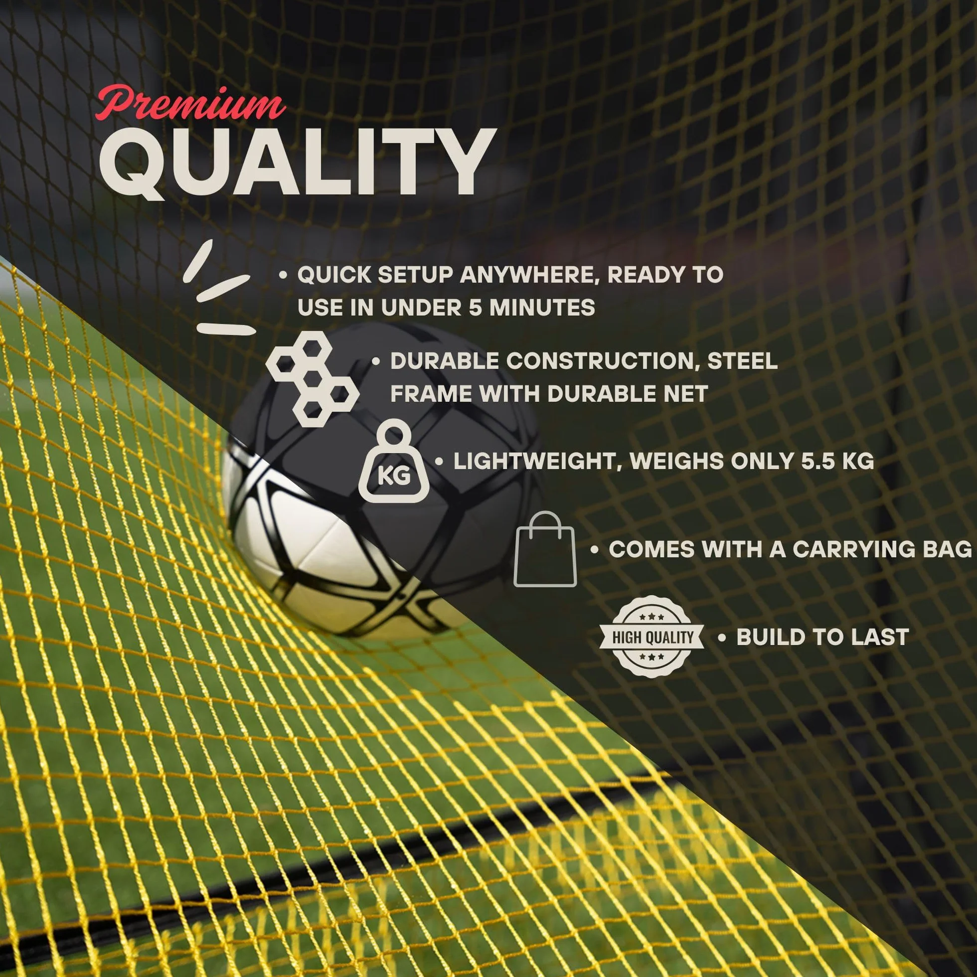 Filet de Rebond Football 2en1 183x130cm Kickback Noir/Jaune avec Sac