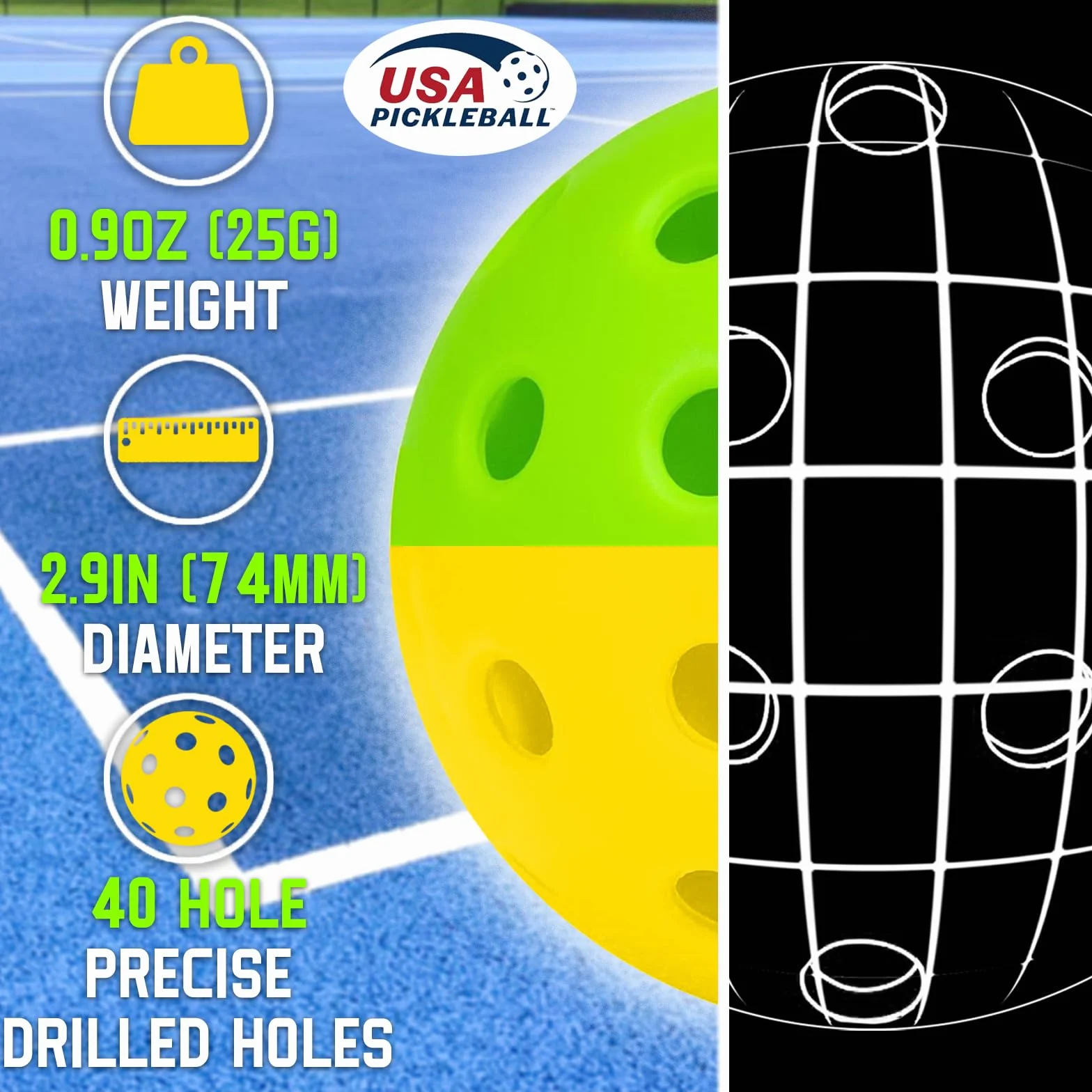 Balles de Pickleball d'Extérieur 40 Trous Rebond Élevé Durables