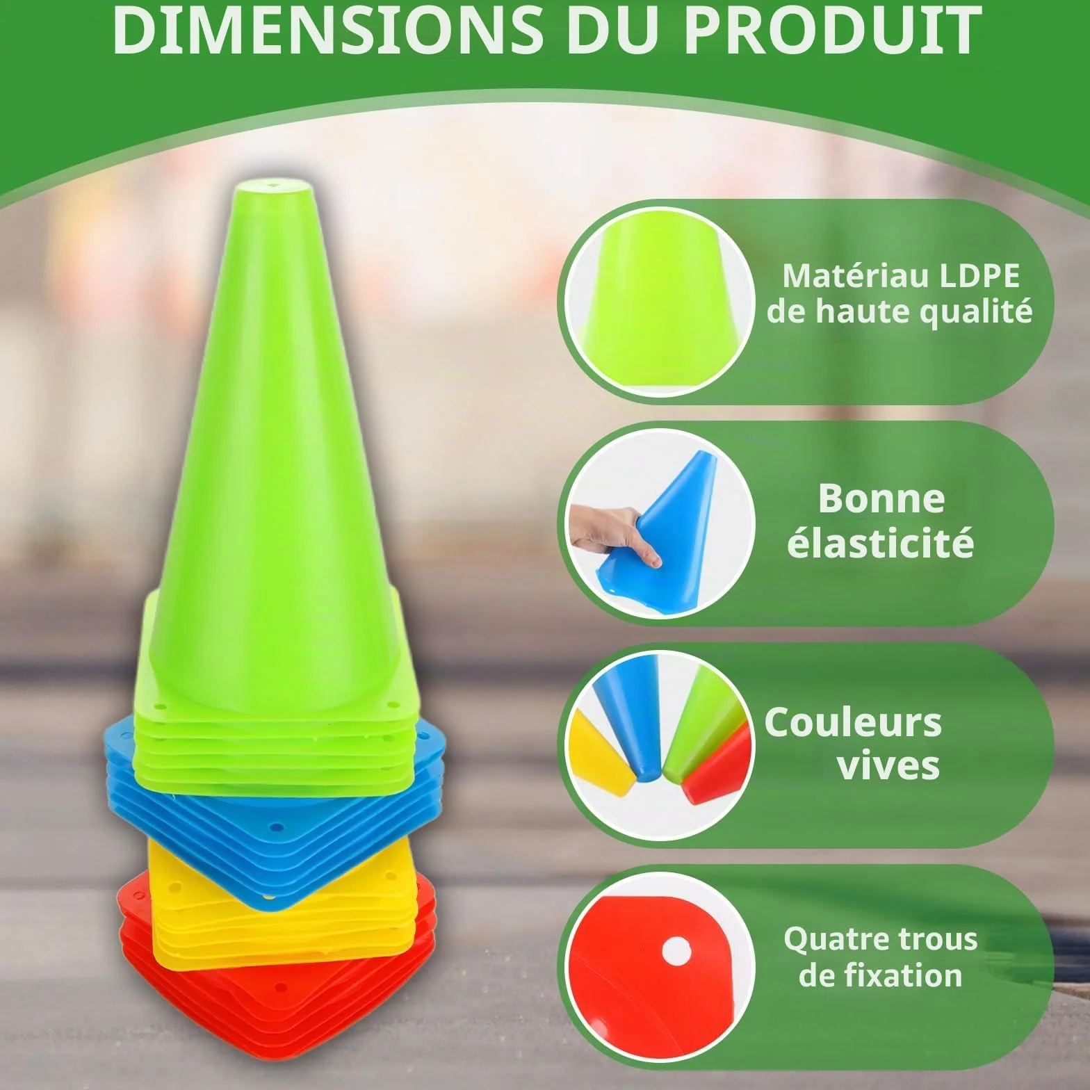 AKOLAFE Lot de 24 Cônes d'Entraînement 23x13.5cm LDPE Souple Incassable 4 Couleurs avec Sac de Transport