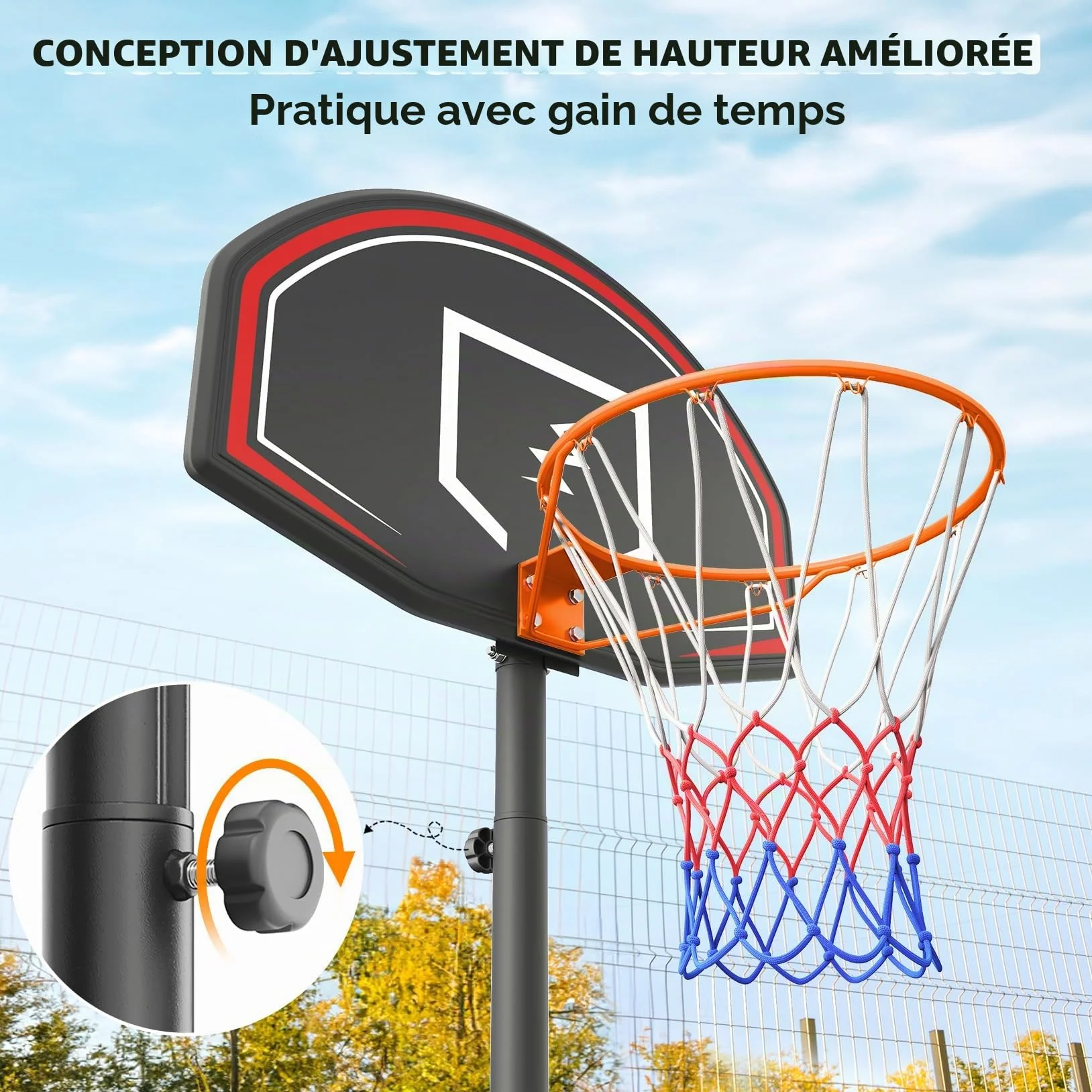 YOLEO Panier de basket extérieur pour enfants réglable 160-210 cm avec système Net System sur roues