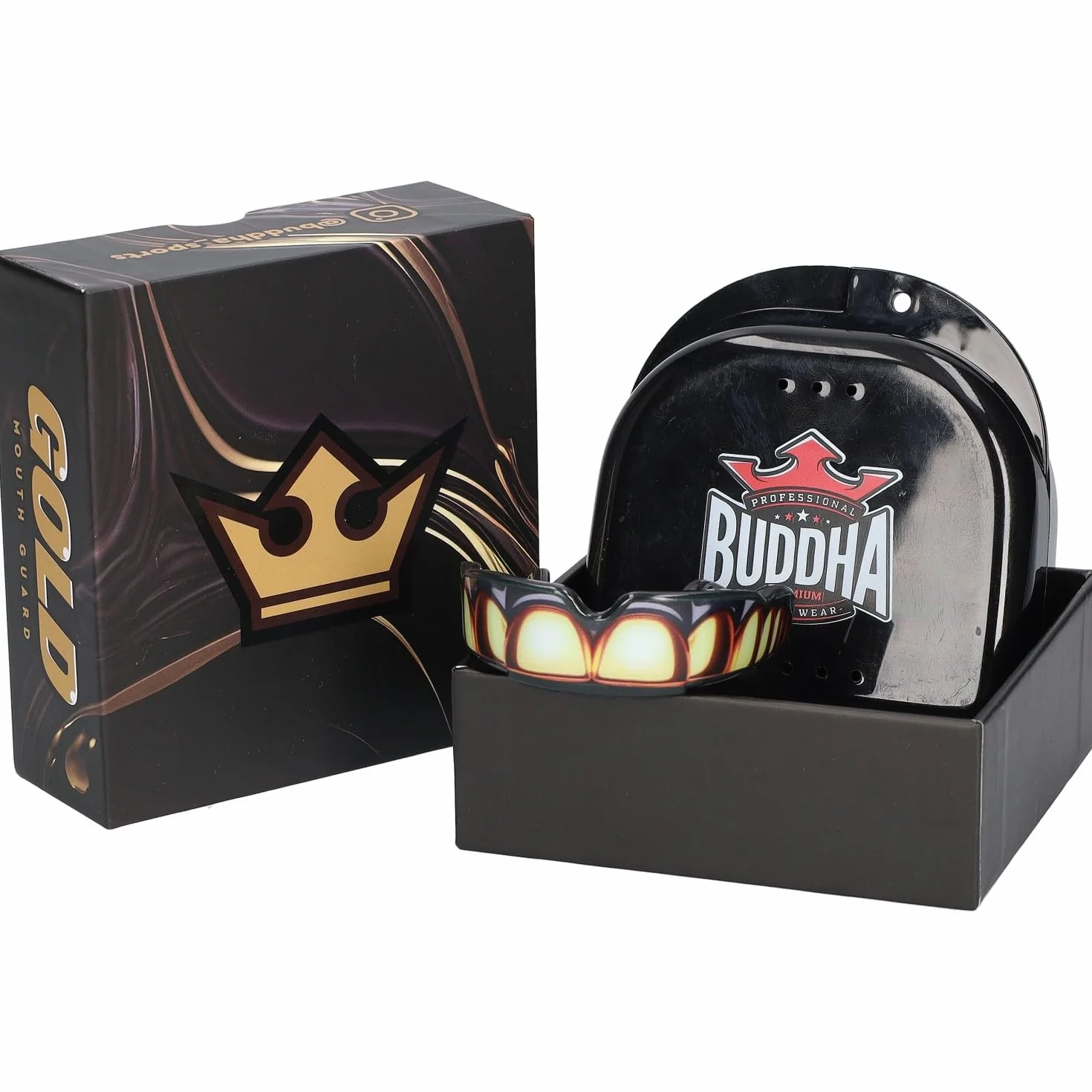 Protège-dents BUDDHA FIGHT WEAR pour sports de contact rugby MMA kickboxing judo hockey boxe noir-or adultes enfants 12+