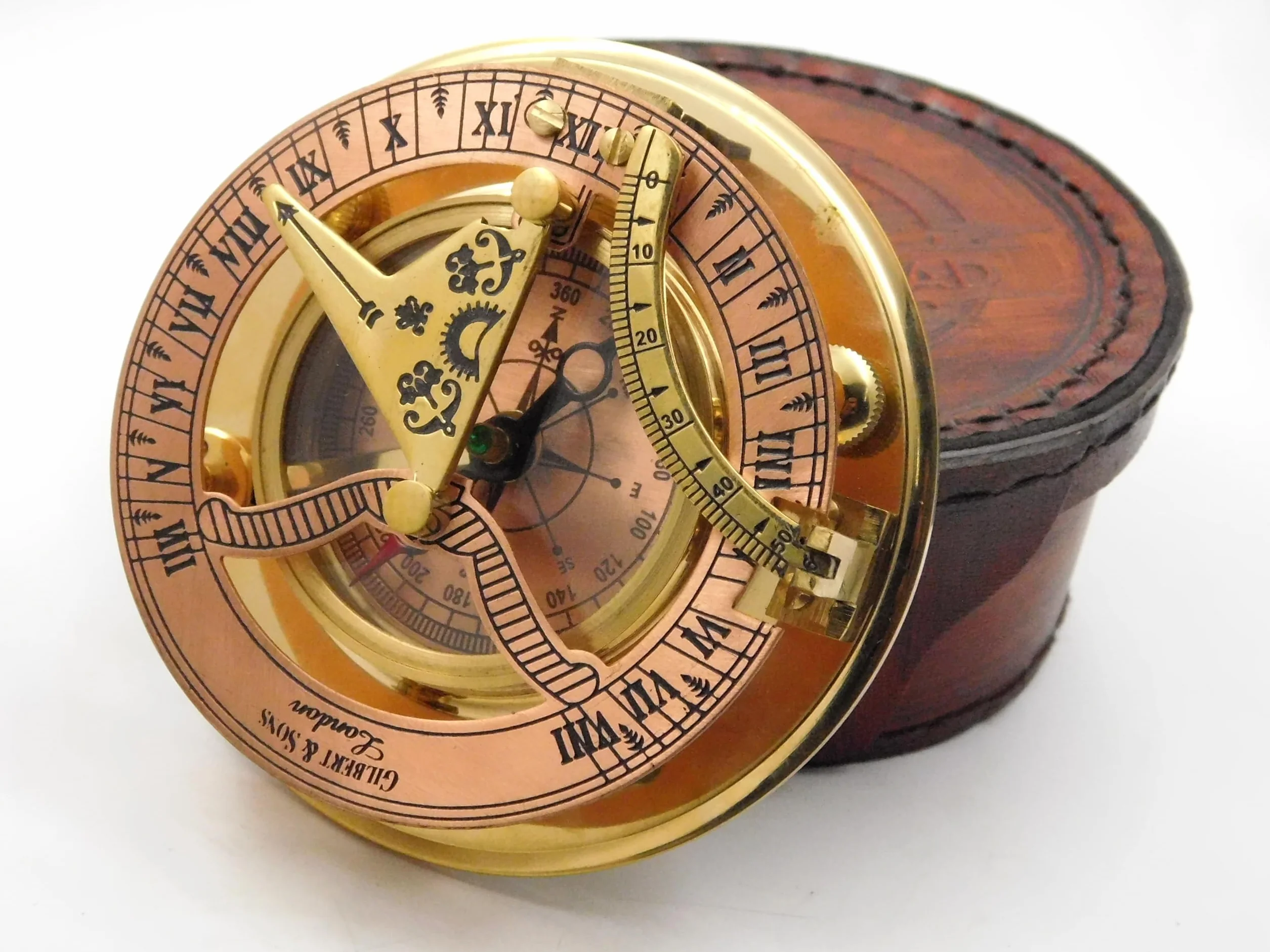 Boussole Sundial en laiton antique avec étui en cuir