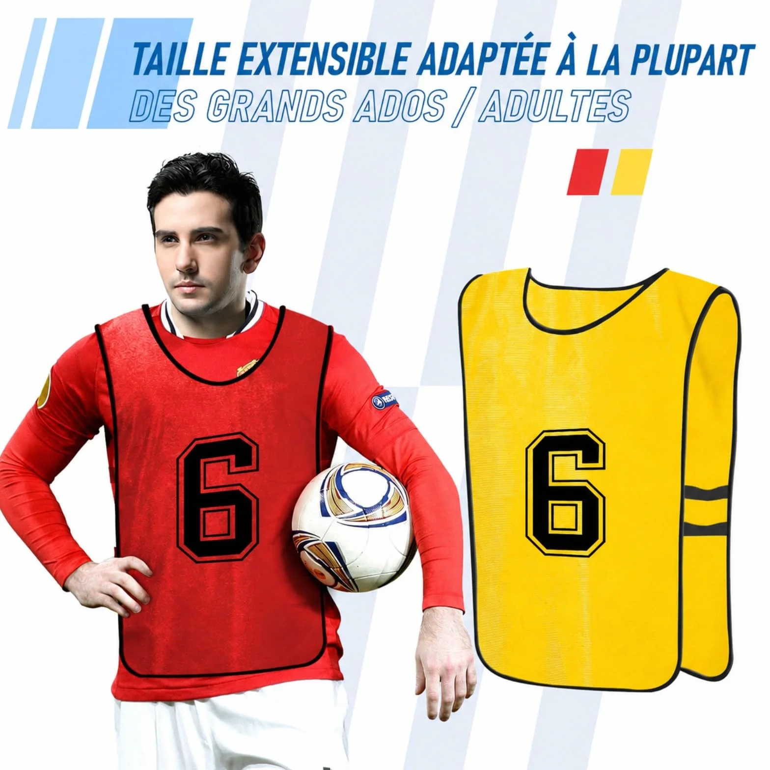Dossards d'Entraînement Polyester Respirant pour Adultes – 24 Chasubles de Football Numérotées Réversibles Rouge & Jaune
