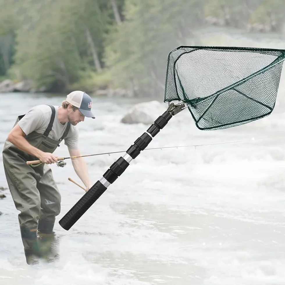 Épuisette de pêche Pliable 130 cm Cadre Triangulaire Stable caoutchoutée pour étang ruisseaux lacs bateau
