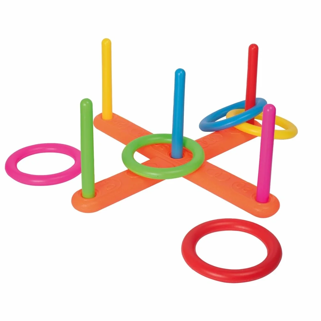 P'TIT CLOWN Jeu de Lancer d’Anneaux Enfant - Jeu d’Extérieur d’Adresse et de Précision - 5 Anneaux, 5 Piquets, Support à Assembler - Plastique