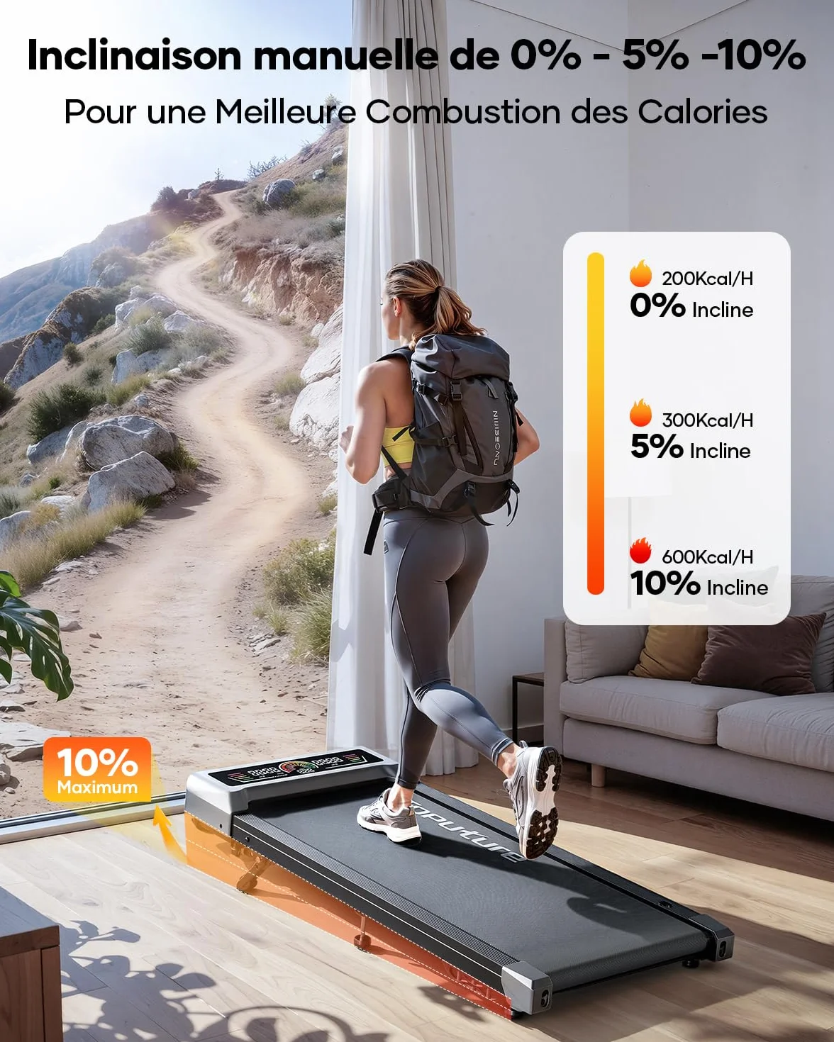 Tapis de Course électrique 2 en 1, 3.0 HP, Pente 0-5-10%, Vitesse 1-10 km/h, Compact sous Bureau