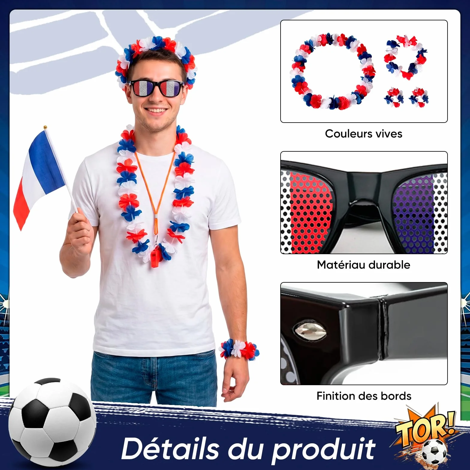 Kit Supporter France 2026 - Accessoires Bleu Blanc Rouge avec Lunettes Drapeau, Sifflet, Drapeaux, Stickers et Lei