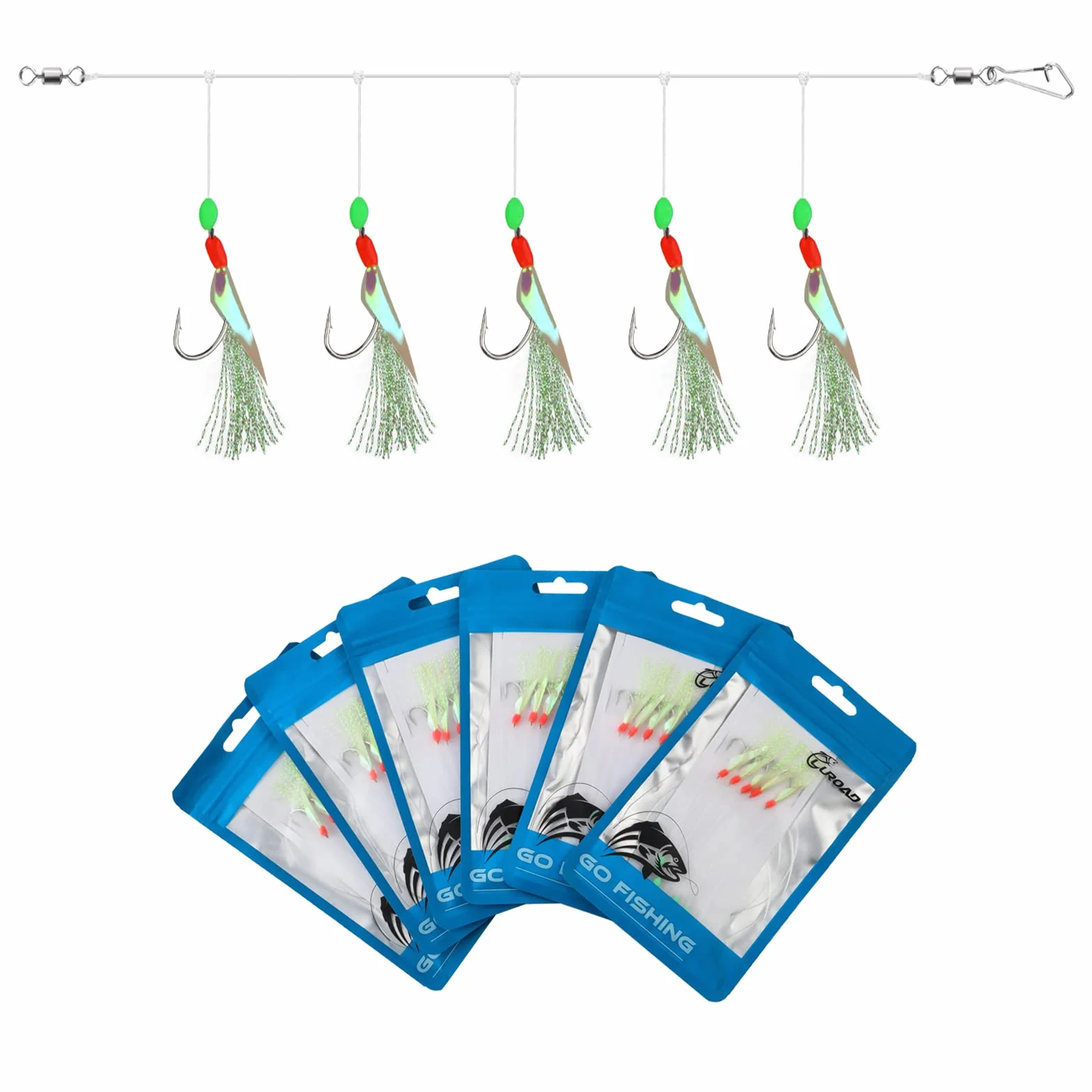 Lot de 6 Bas de Ligne à Plumes de Maquereau Pré-noués avec Perles Lumineuses Appâts Bioniques