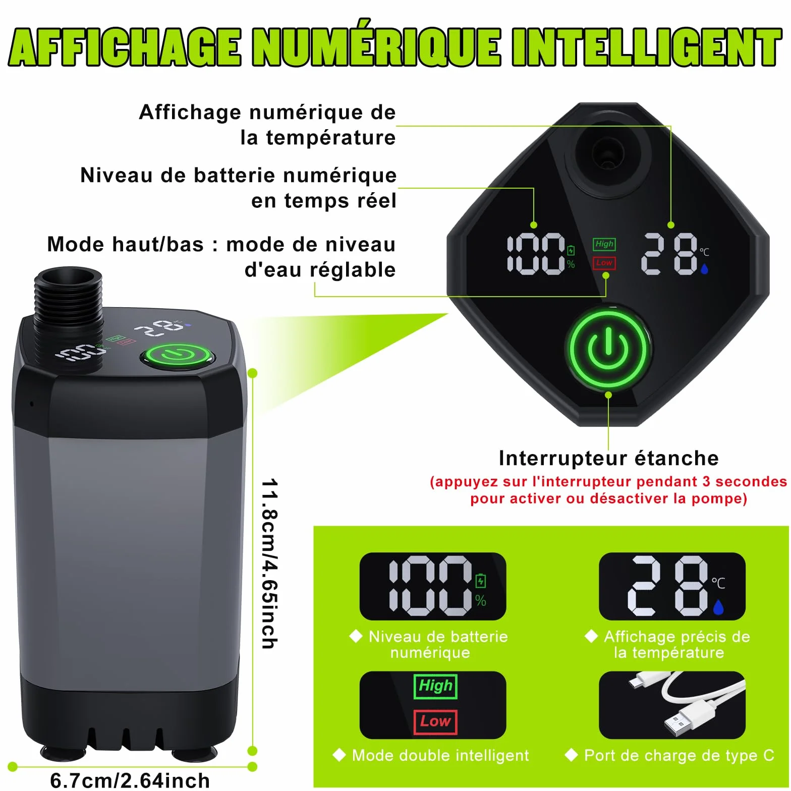 Pompe de Douche Électrique Rechargeable Imperméable Kit Douche de Camping Portable avec Afficheur Intelligent Pomme de Douche 4 Modes