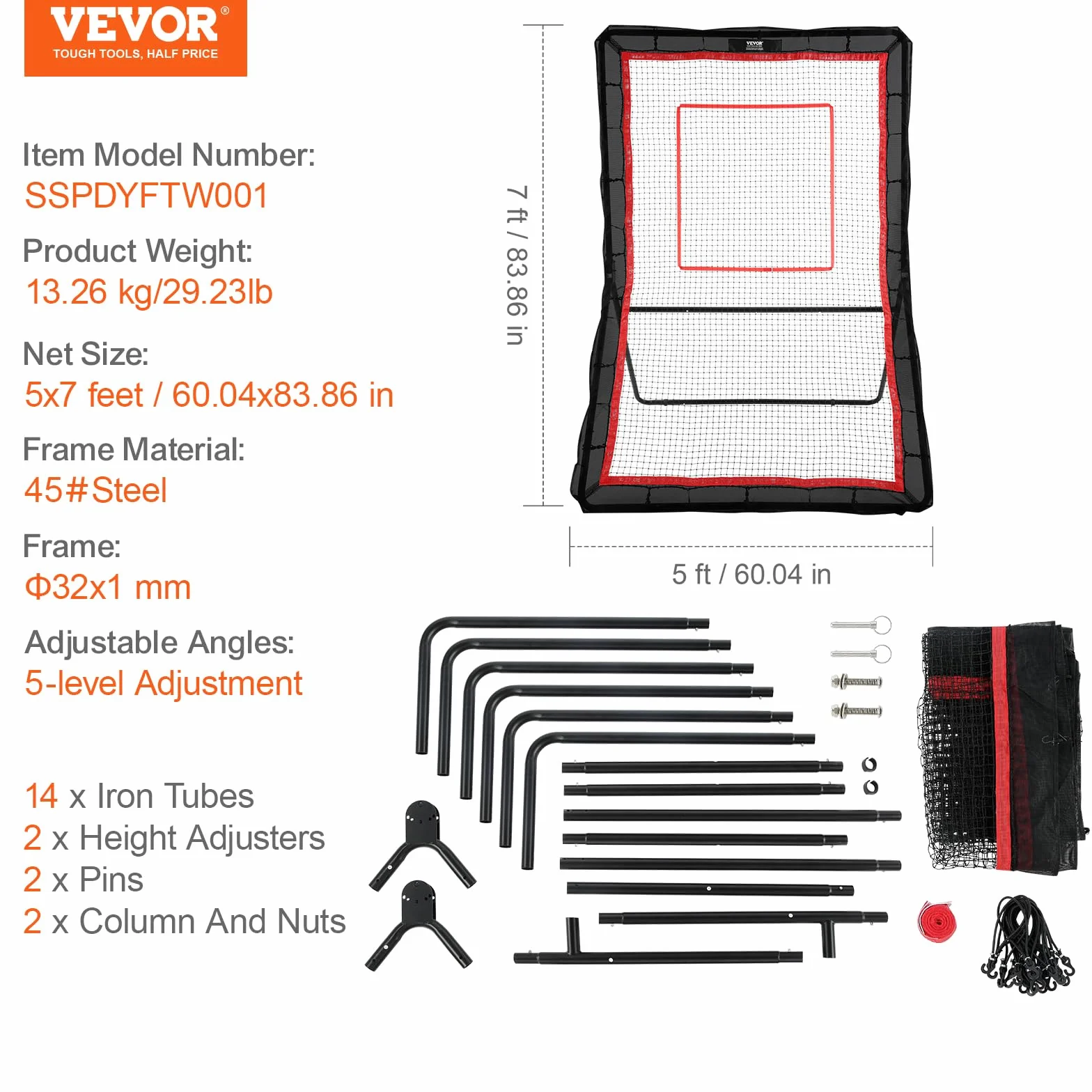 VEVOR Filet de Rebond 152x213 cm Rebondisseur de Football Volley-ball Angle Réglable Cible Base-ball Cadre Acier Tissu Haute Élasticité Entraînement