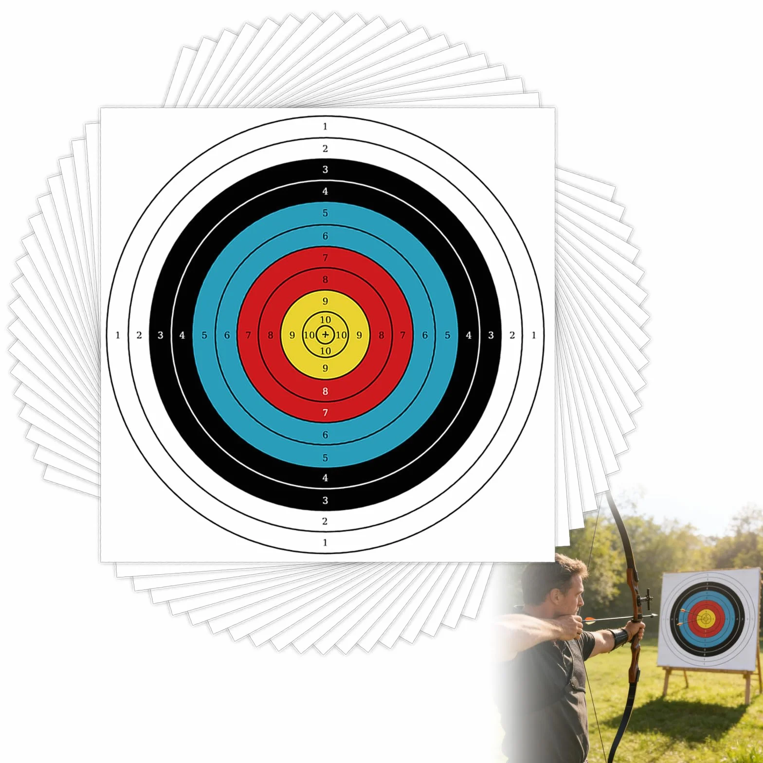 Archery Target Face Lot de 20 Disques 60×60 cm 10 Anneaux Papier d'Entraînement Tir à l'Arc